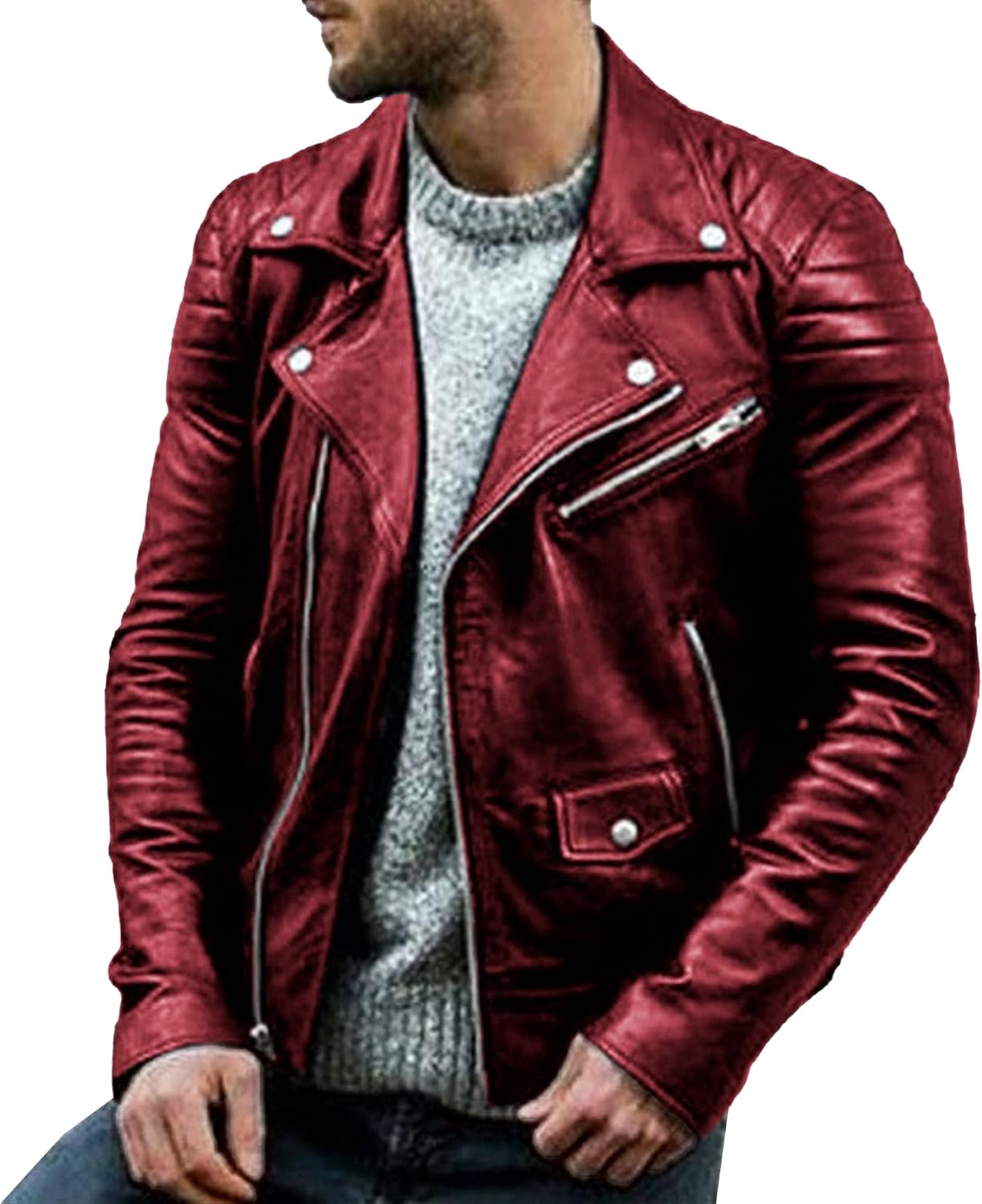 JEKE-DG Men's Blazer Collar Faux Leather Coat Zip Up Slim Fit Comfort Coat Jacket Long Sleeve Washed Biker Coats