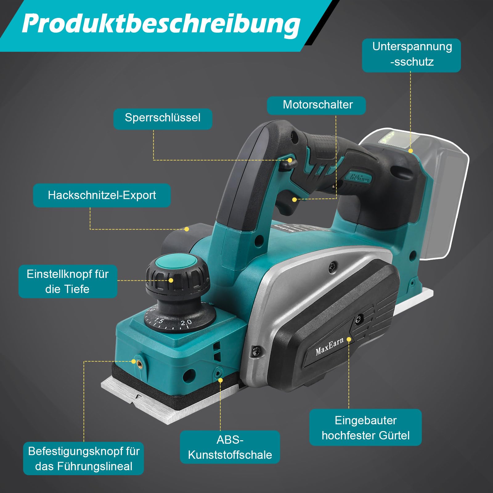 Akumulatorowy strug elektryczny, do drewna, automatyczny, bezprzewodowy strug do akumulatora Makita 18 V, szerokość strugania 82 mm, głębokość cięcia 0-2 mm (bez akumulatora)