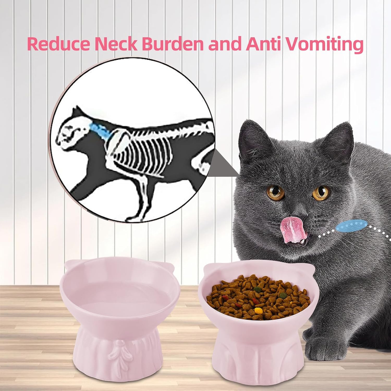 Set di 2 ciotole sollevate per gatti, design inclinabile a 15°, in ceramica di grandi dimensioni, mangiatoia rialzata per gatti anti-omito, adatta per baffi, lavabile in lavastoviglie