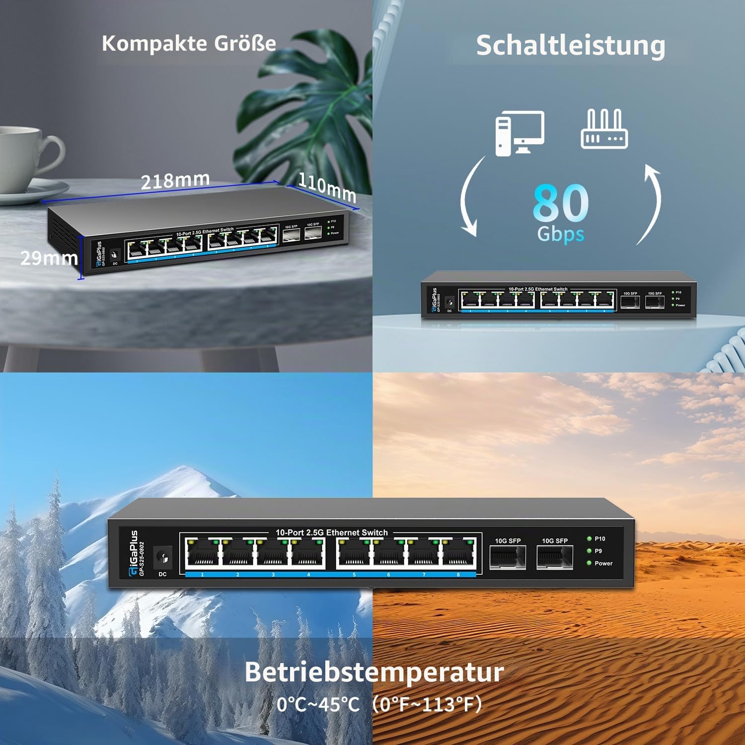 10 Port 2.5Gb Unmanaged Ethernet Switch mit 8* 2.5G Base-T Ports, 2* 10G SFP+ Ports. GiGaPlus 2.5Gbps Netzwerk Switch für 2.5Gbps NAS/PC, WiFi6 Router, Wireless AP. Lüfterloses Design, Plug and Play