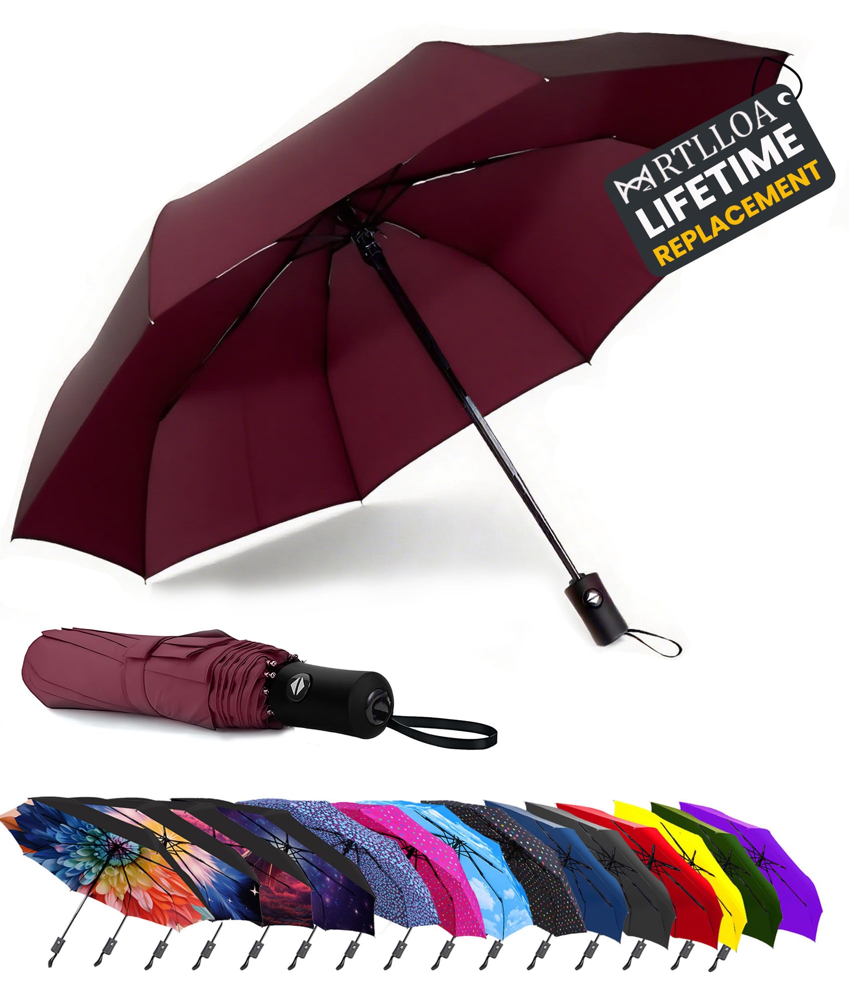 MRTLLOA 42/49 Inch Compact Windproof Travel Umbrella for Rain, Lightweight, Portable, Strong, Folding Umbrellas for Women and Men