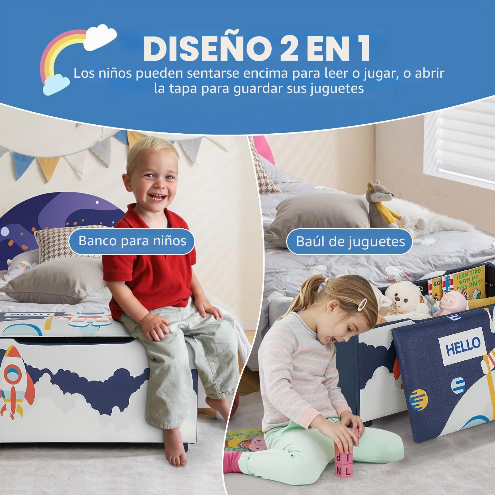 GOPLUS Caja de Almacenamiento 2 en 1 para Niños con Tapa Desmontable, Banco de Almacenamiento con Ranuras Antipinzamiento, Correa de Tracción, Caja de Almacenamiento, 75x36x38CM (Azul (astronauta))