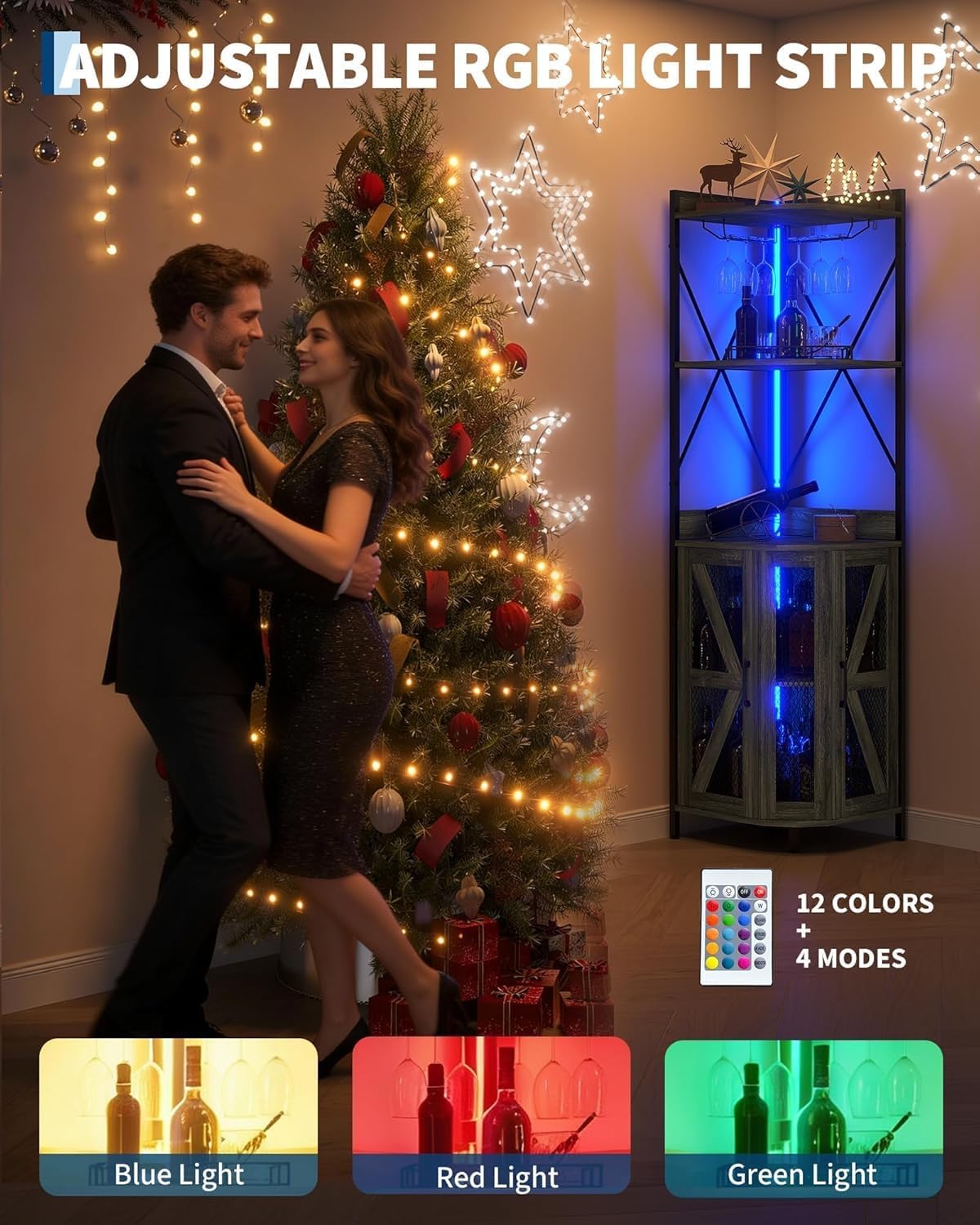 Armadio angolare per vino con presa elettrica e striscia LED, mobile da bar a 5 ripiani con porta bicchieri, porta a traliccio, credenza in stile industriale, per cucina, sala da pranzo e piccoli