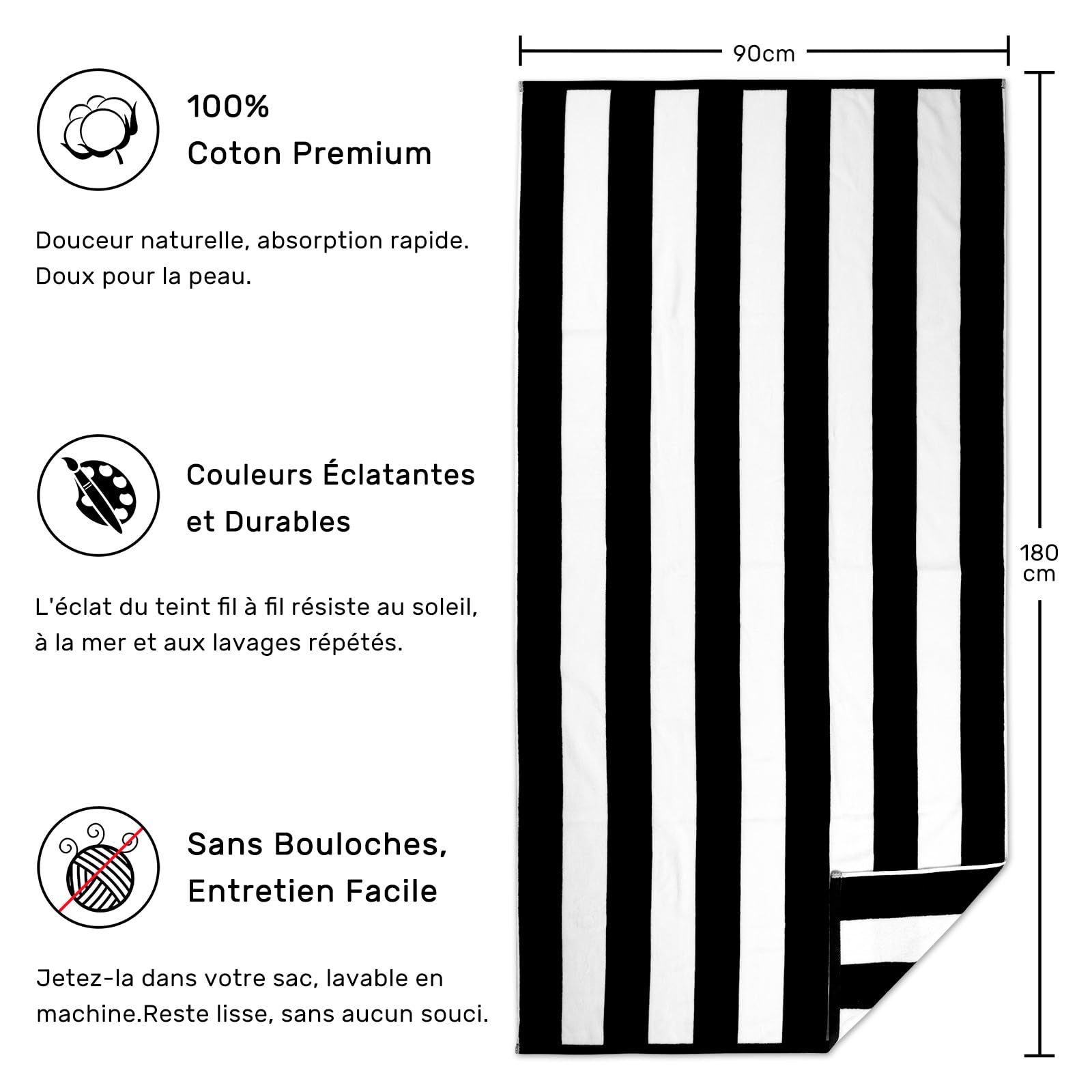 Serviette de plage surdimensionnée en coton – 89,9 x 178,8 cm – Grande serviette de piscine à rayures douce (noir)