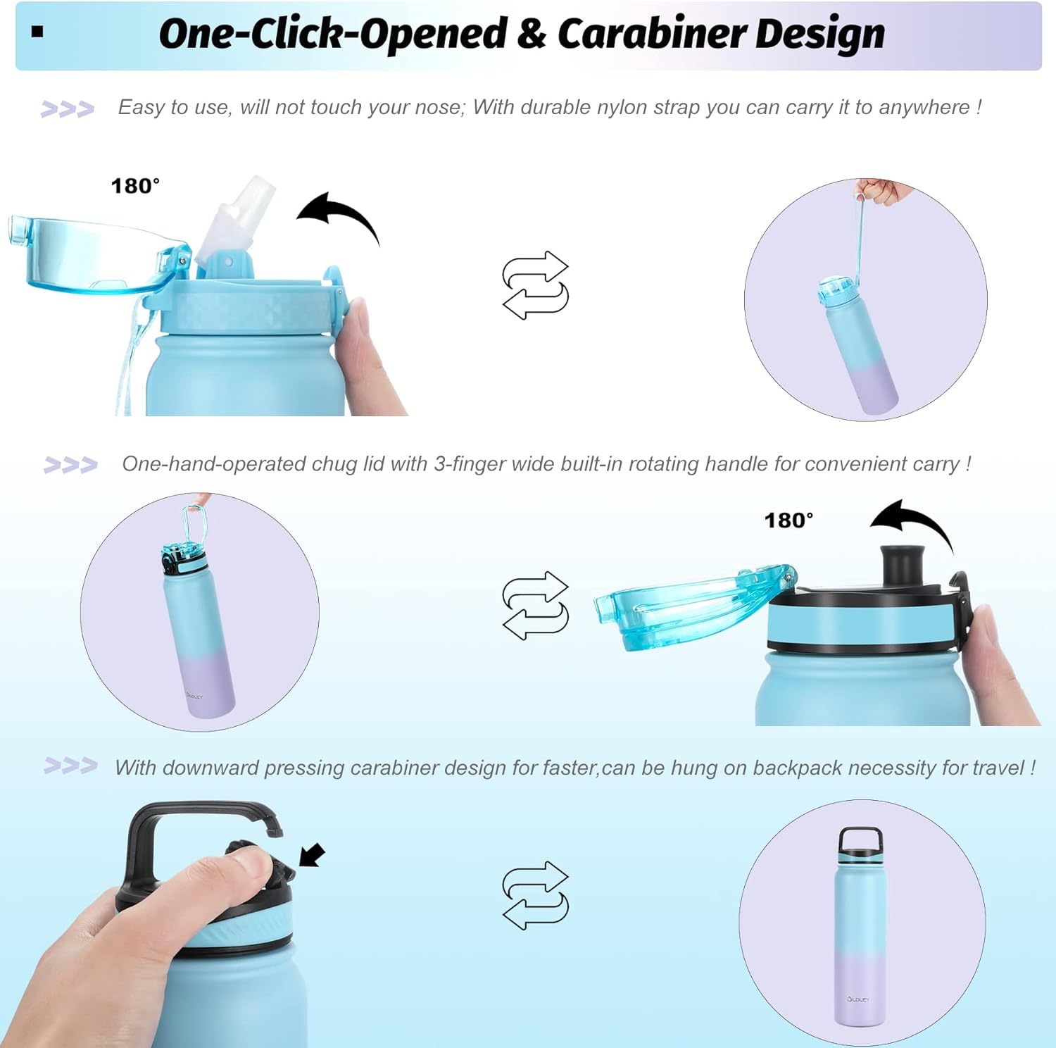 Oldley Insulated Water Bottle with Straw 32oz Stainless Steel Water Bottles with 3 lids Double-Wall Vacuum Thermal for Kids Adults School Sports, Blue-purple - Image 3