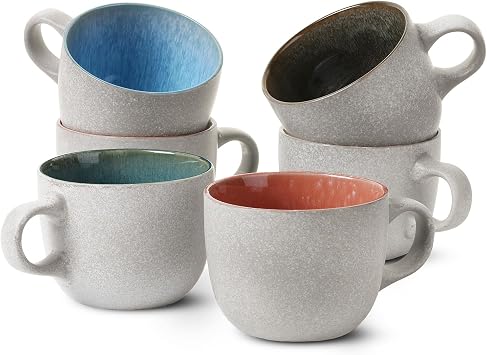 BTaT- Porcelain Coffee Mugs Set, 14 oz 415 ml, 6 Pack, Ceramic Coffee Mugs, Matte White Outside and Colorful Inside, Restaurant Cups for Tea, Cappuccino, Cocoa, Cereal, Mug Gift Set, Dishwasher Safe