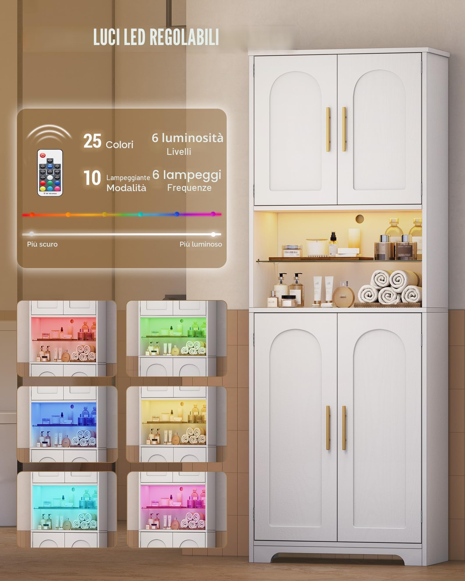 Hzuaneri Mobile Bagno con Luci LED, 4 Ante, mobiletto bagno salvaspazio, mobile alto con spazio aperto, ripiani regolabili, soggiorno, bagno, 30 x 60 x 170 cm, Bianco SC68213X