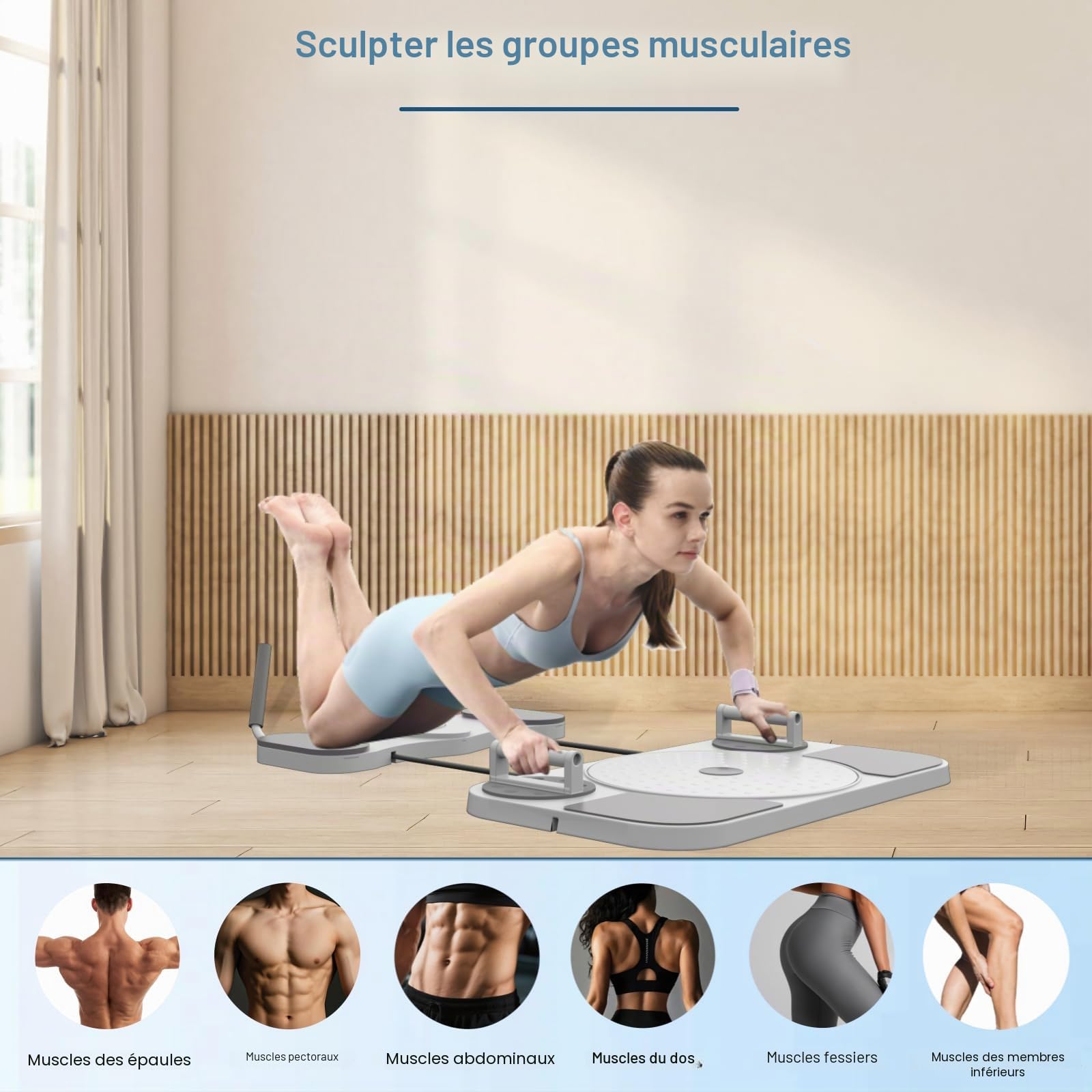 Planche Pilates, équipement Multifonctionnel 5 en 1 pour Pilates Reformer, Appareil d'entraînement Abdominal avec Compteur, kit Pilates pour la Maison, avec Bandes élastiques, pour Usage Domestique