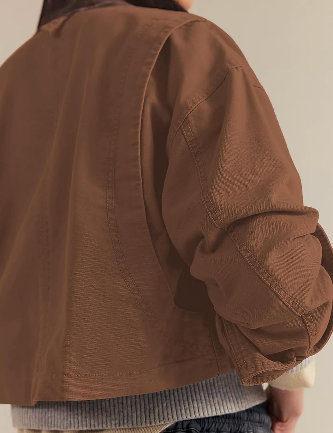 Barn Jackets for Women Contrast Collar Utility Coat Cargo Jacket Cropped Jacket with Pockets Outwear - Image 5