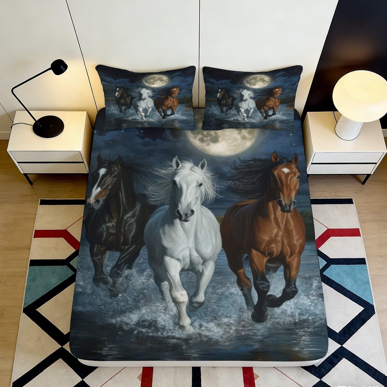 3D Printed Running Horses Fitted Sheet Microfiber Soft Anti-Slip Moonlight Mattress Cover for Bedroom Dorm Decor 180x200x25cm