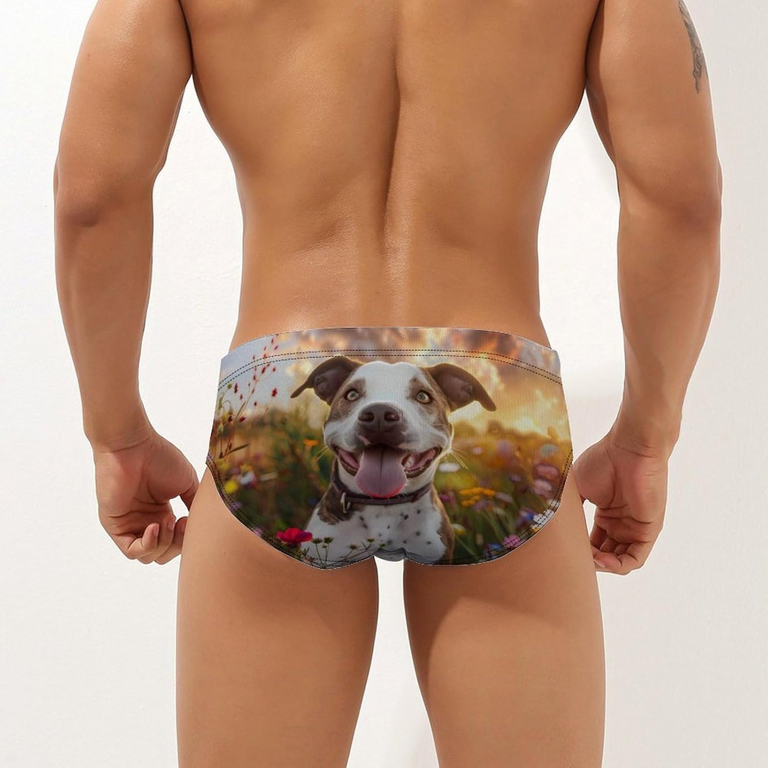 Pit-Bull Dog Flowers Novelty Men's Brief Swimwear Pants Swimming Trunks Beach Shorts Underwear