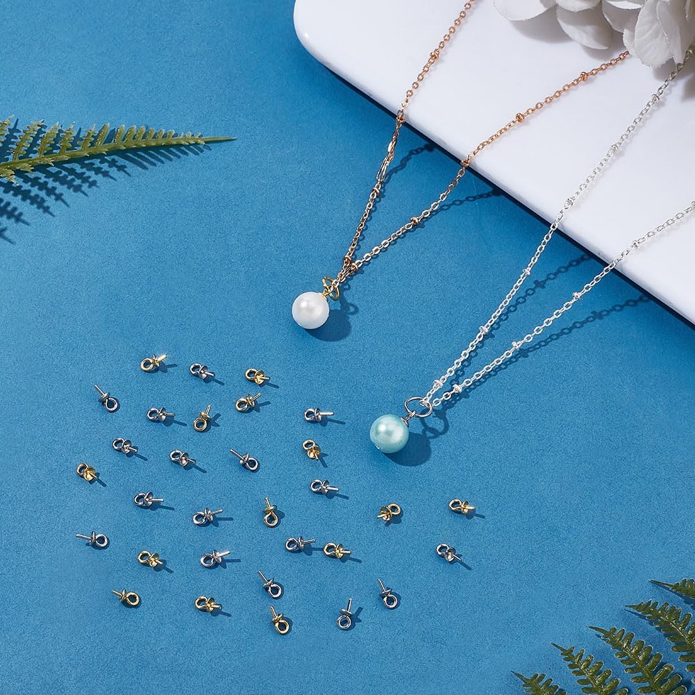 120Pcs Eye Pin Bail Peg 2 Color Stainless Steel Eye Pinch Bail Cup Pearl Connector for Half Drilled Beads Charms Pendants Jewelry Making Findings Accessory Supplies Necklace