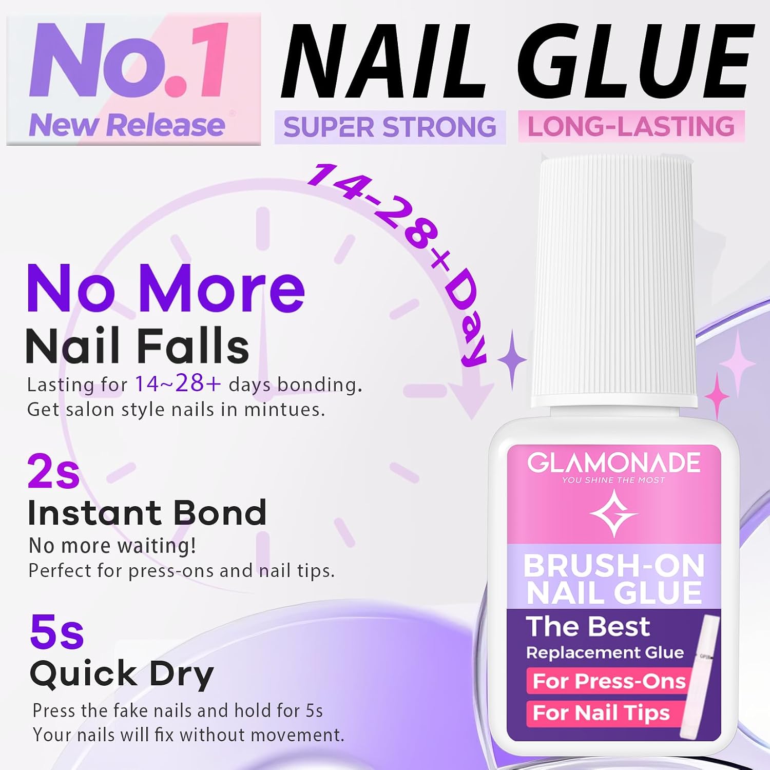 Glamonade Super Strong Nail Glue: Glue for Press Ons & Acrylic Nails & Fake Nail Tips - 10ml Professional Easy Long-Lasting Mess-Free Application Adhesive
