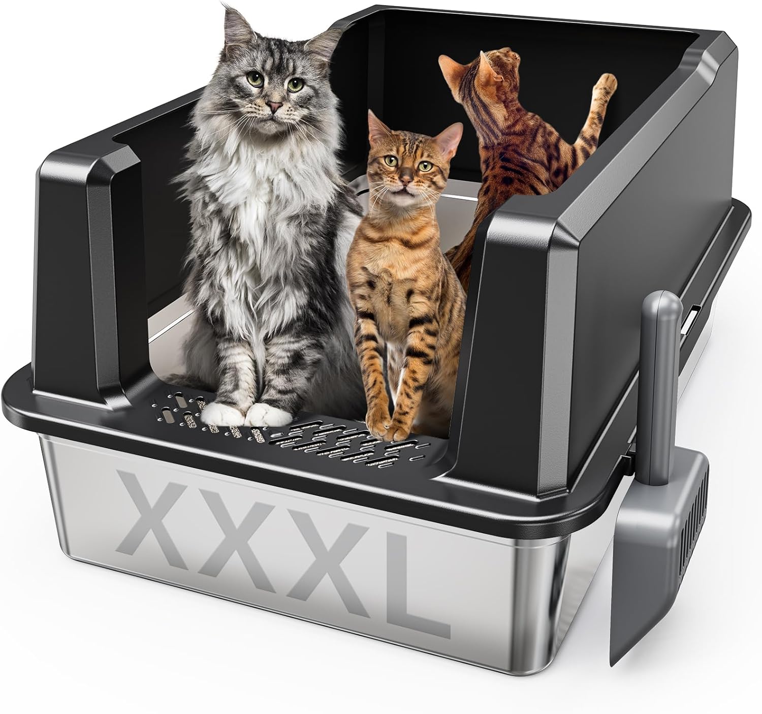 Tripamin XXL Stainless Steel Litter Box with High Sides 26"x18"x12" Extra Large Metal Litter Box for Big Cats & Multiple cat, Jumbo Top Entry Litter Pan with lid (Black, XX-Large) Black XX-Large