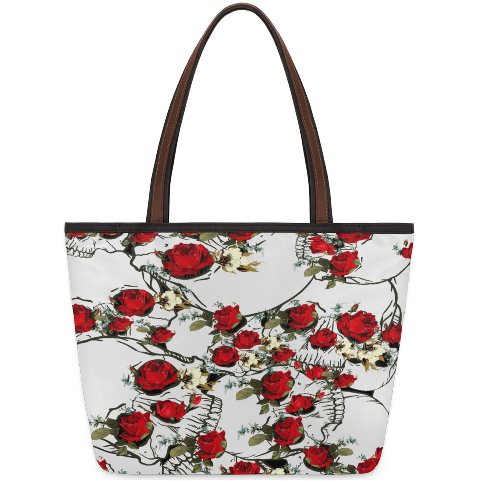 Rose Skulls Tote Bag Multi Pocket Zippered Beach Bag Lightweight Waterproof Handbag for Women Men Work Gym Travel Swimming Yoga Grocery Shopping M