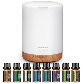 InnoGear Aromatherapy Diffuser & 8 Essential Oils Set, 300ml Premium 5-in-1 Ultrasonic Essential Oil Diffusers Scent Humidifier Aroma Diffuser Vaporizer Auto-Off Timer for Room Office Home, Yellow