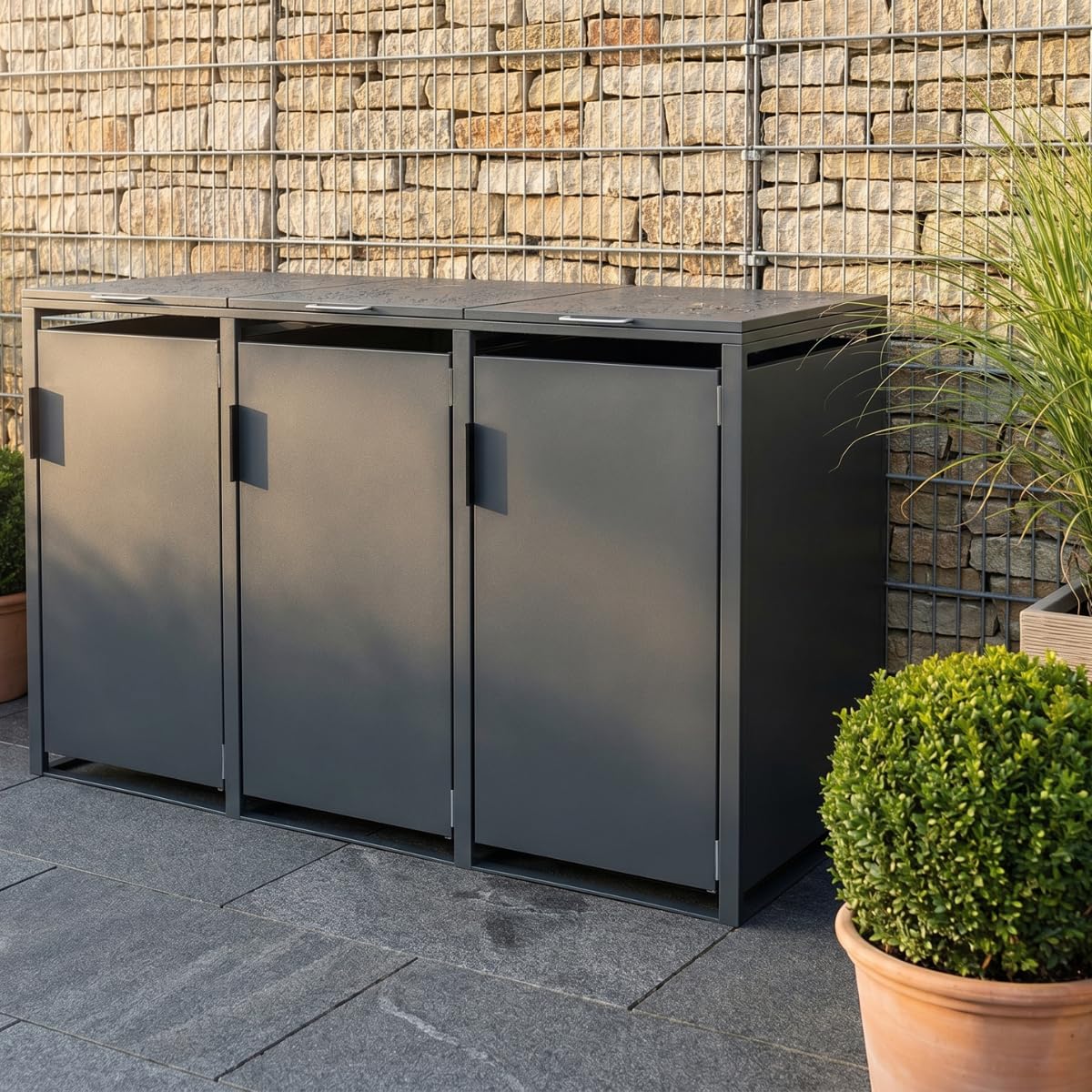 Mülltonnenbox 3er 240L, Mülltonnenhaus, Mülltonnenverkleidung für 3 Tonnen, aus Massivem Pulverbeschichtetem Verzinktem Stahl, Anthrazit, Wetterfest mit Belüftung