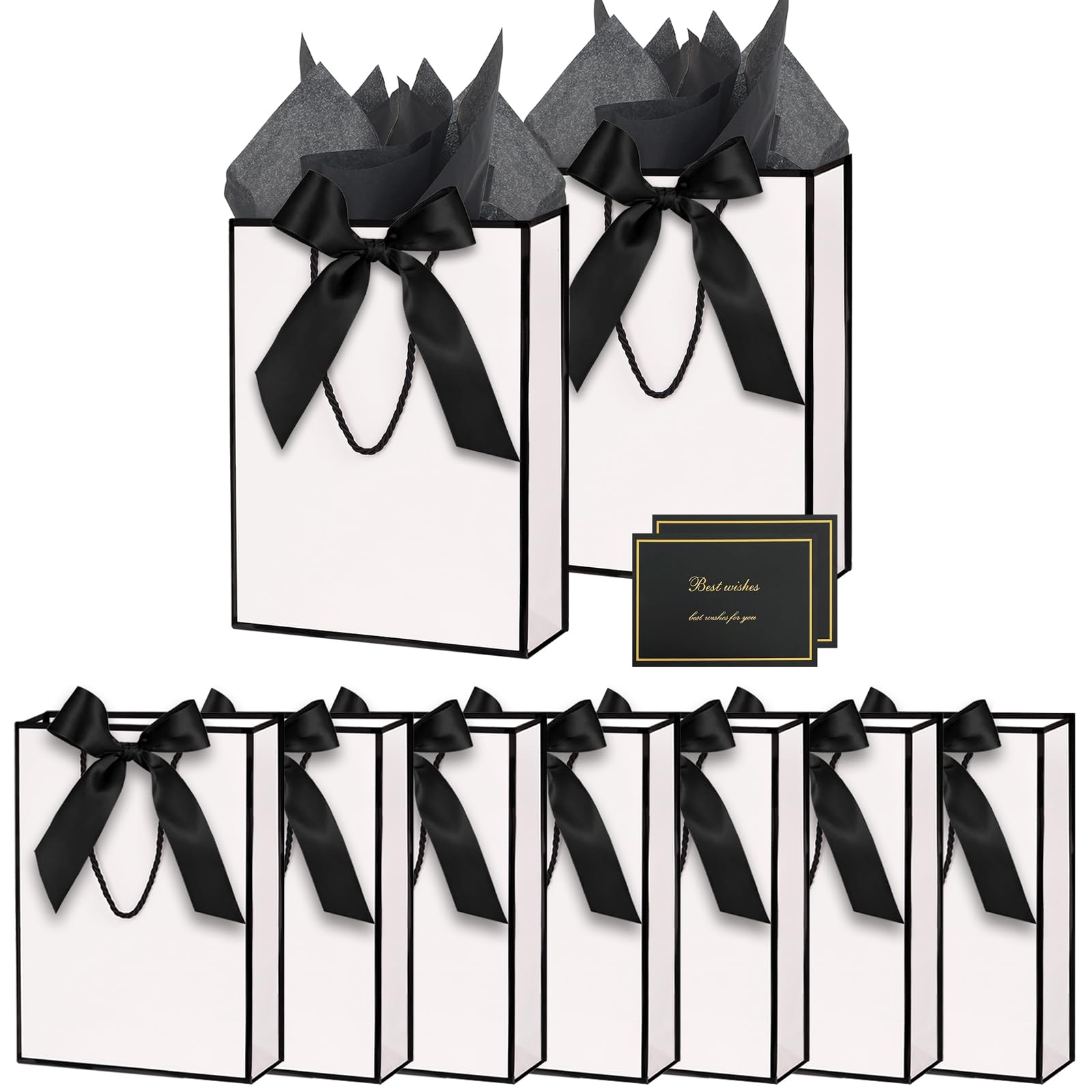 Gift Bags for Presents, 12 Pack Medium Paper Bags with Bow Ribbon Tissue Paper Cards Thank You Gift Bag with Handles for Graduation Wedding Birthday Shopping(black,white)
