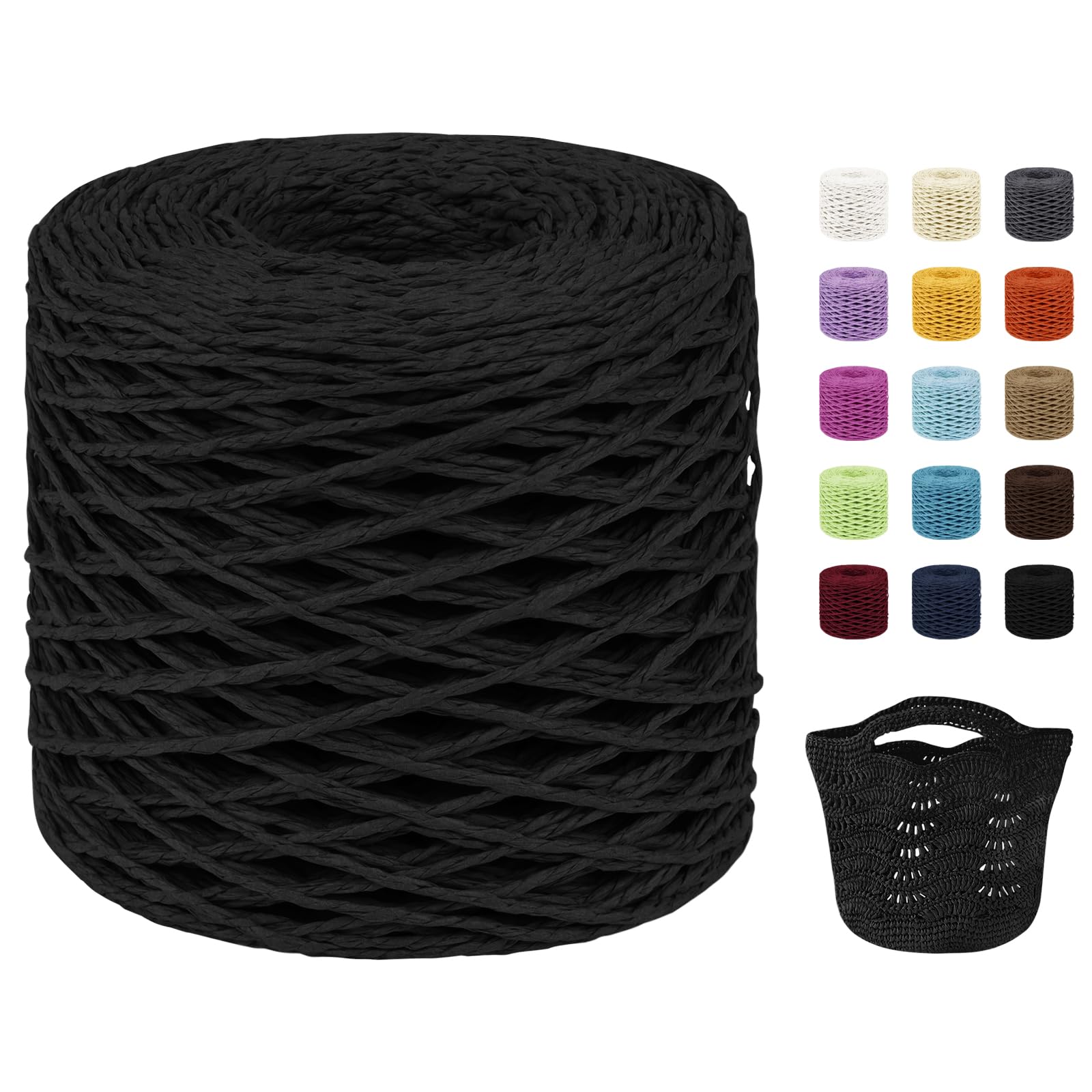 Uiopa Raffia Yarn for Crochet, 2mm x 200m Raffia Paper String Straw Crochet Yarn for Crocheting Beach Bags, Sun Hats, Home Decor, DIY Crafts (Black)