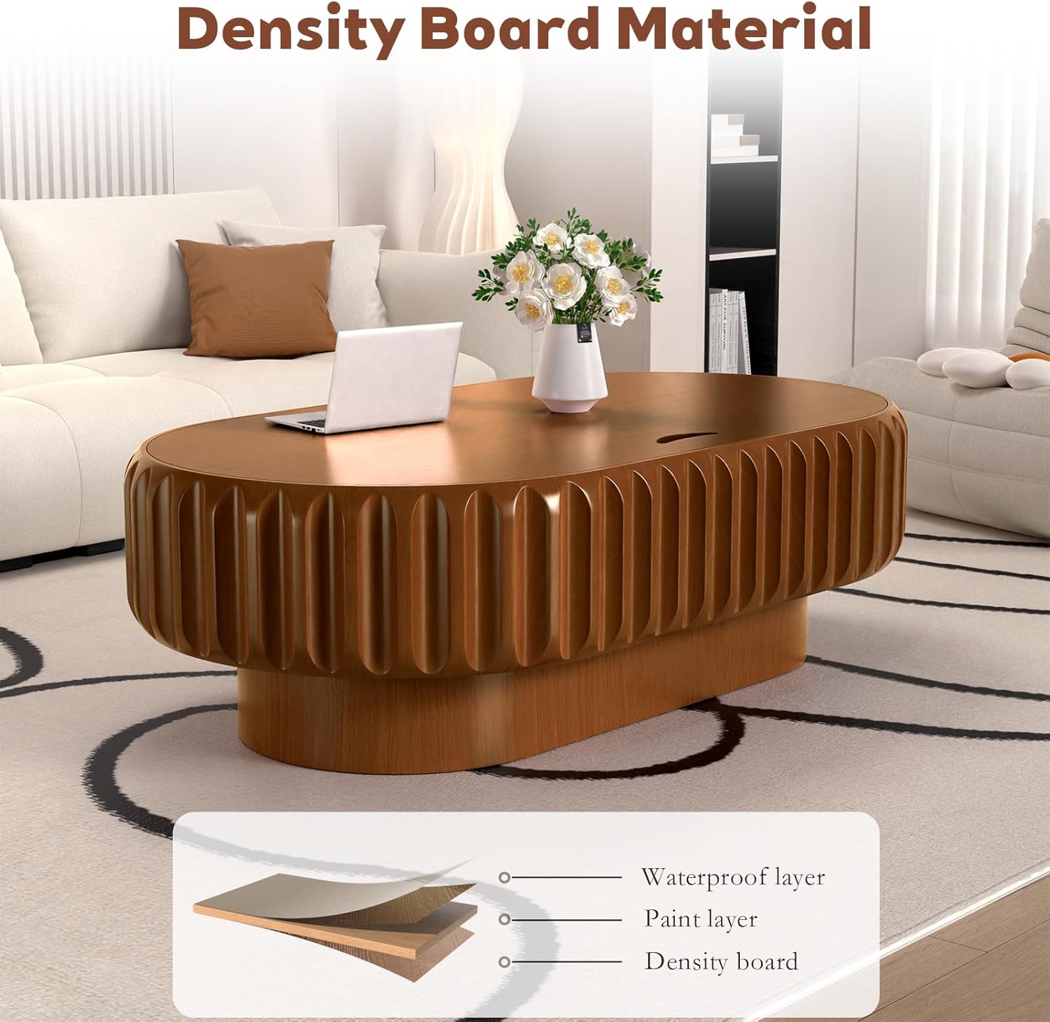 43.3" Oval Coffee Table with Storage Handcraft Fluted Drum Coffee Tables Modern Wooden Cocktail Tea Table Center Tables with Sturdy Pedestal for Living Room Apartment,Oval b