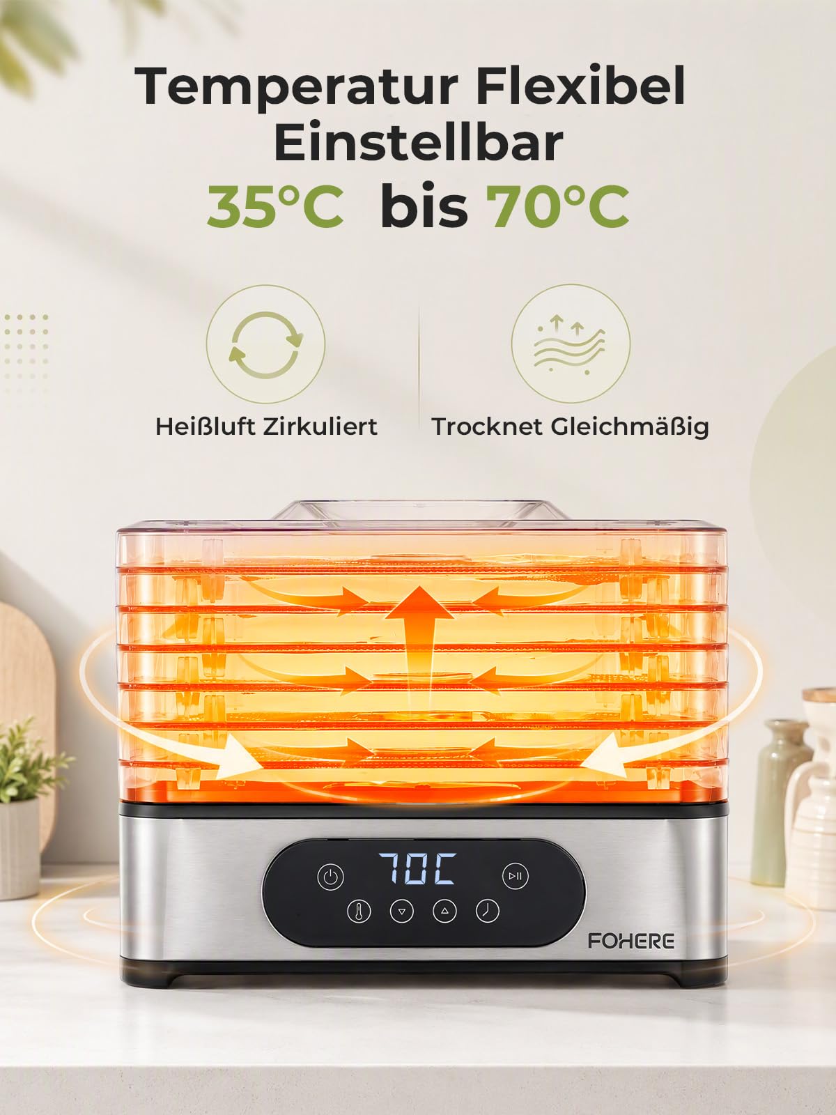 FOHERE Dörrautomat Edelstahl, Dörrgerät mit 6 Einlegefächern, bis 48H-Timer