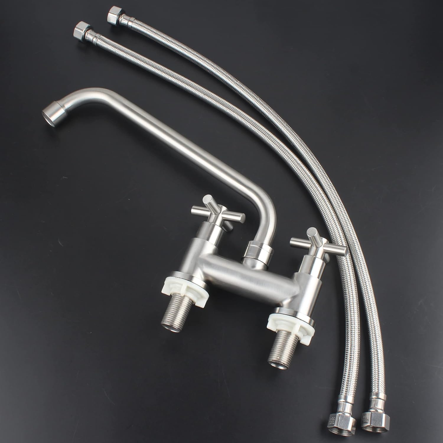 Commercial Kitchen Bar Faucet 4 Inch Center Stainless Steel Brush Nickel Deck Mount 2 Hole 2 Handle Bridge Restaurant Laundry Utility Faucet 11 Inch Spout SSKF10-1C