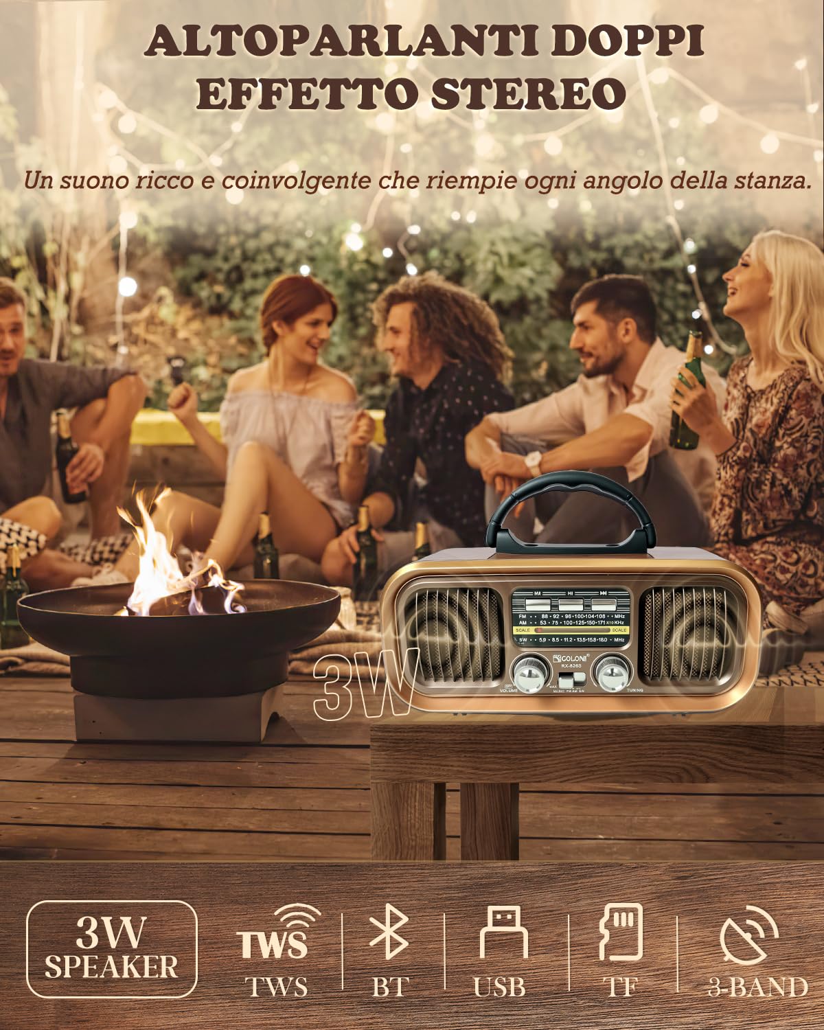 Radio Portatile Vintage FM/AM/SW Bluetooth, Ricaricabile 1200 mAh Pannello Solare, TF Card USB MP3