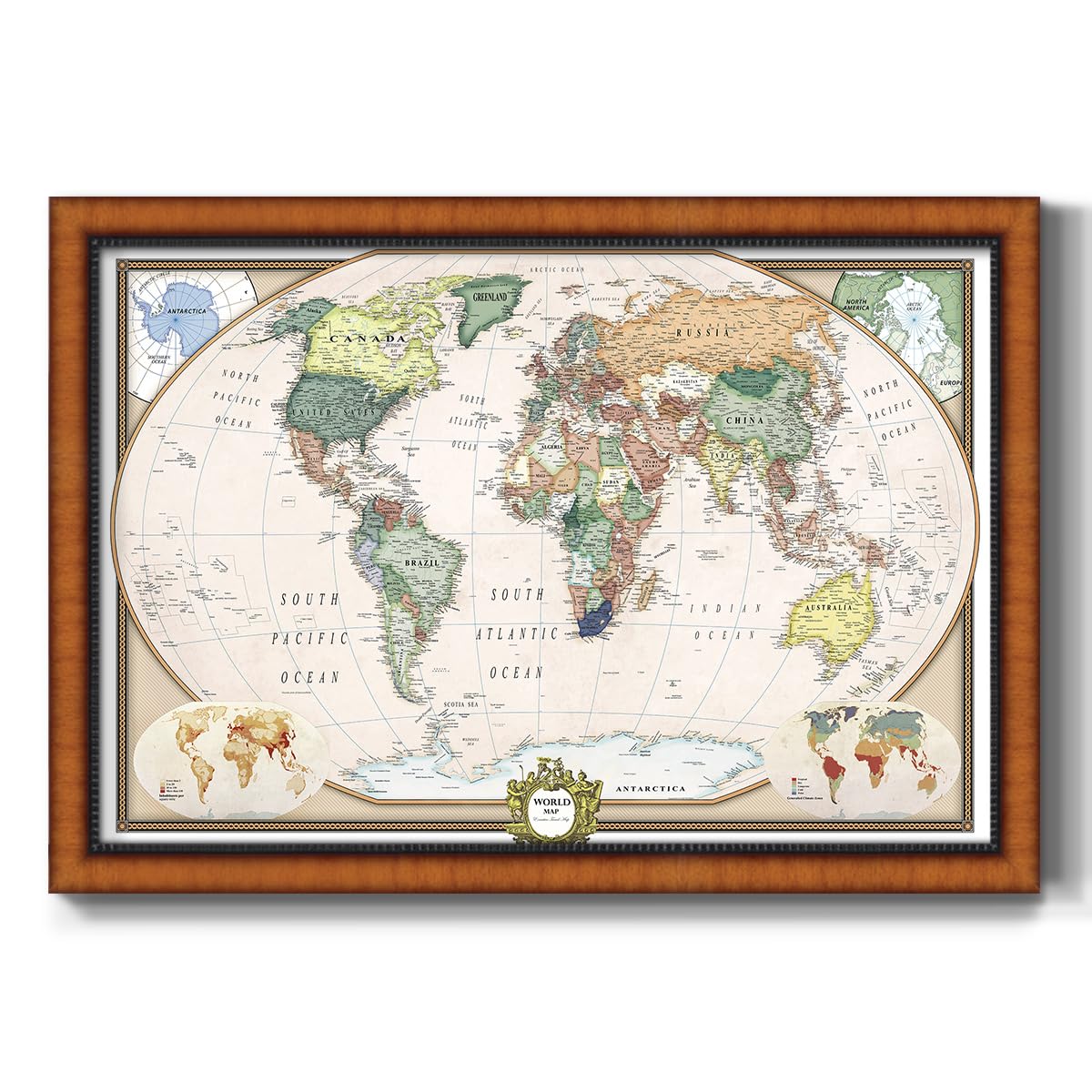 Renditions Gallery Colorful World Map Canvas Wall Art with Pecan Frame Wall Hanging Travel Map with Push Pins for Home, Office, Classroom