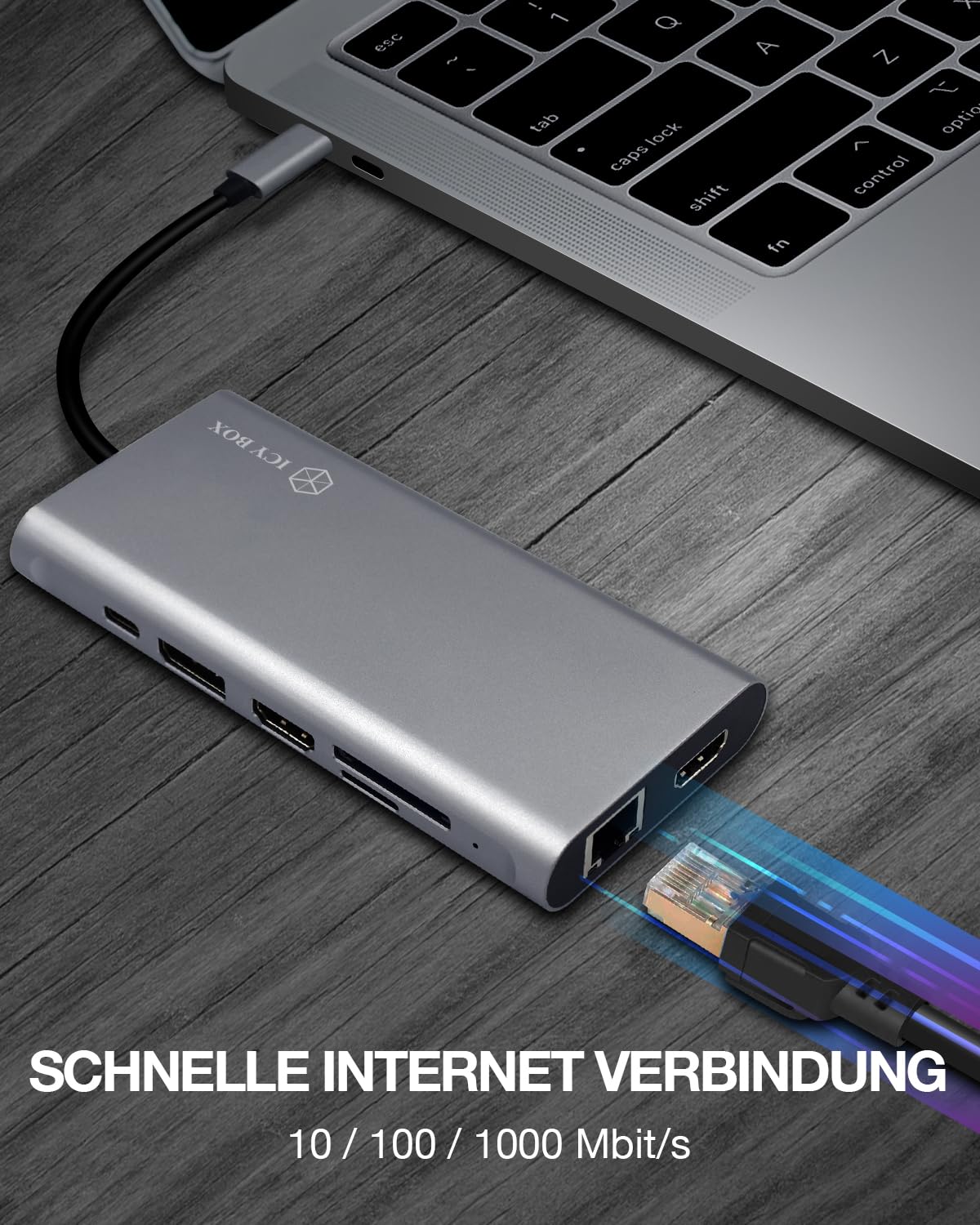 ICY BOX Stacja dokująca USB-C (12 w 1) na 3 monitory (2 x HDMI i 1 x DP), 4K 60 HZ, 3-krotne USB 3.0 HUB, moc 100 W, Gigabit Ethernet, czytnik kart, kolor szary