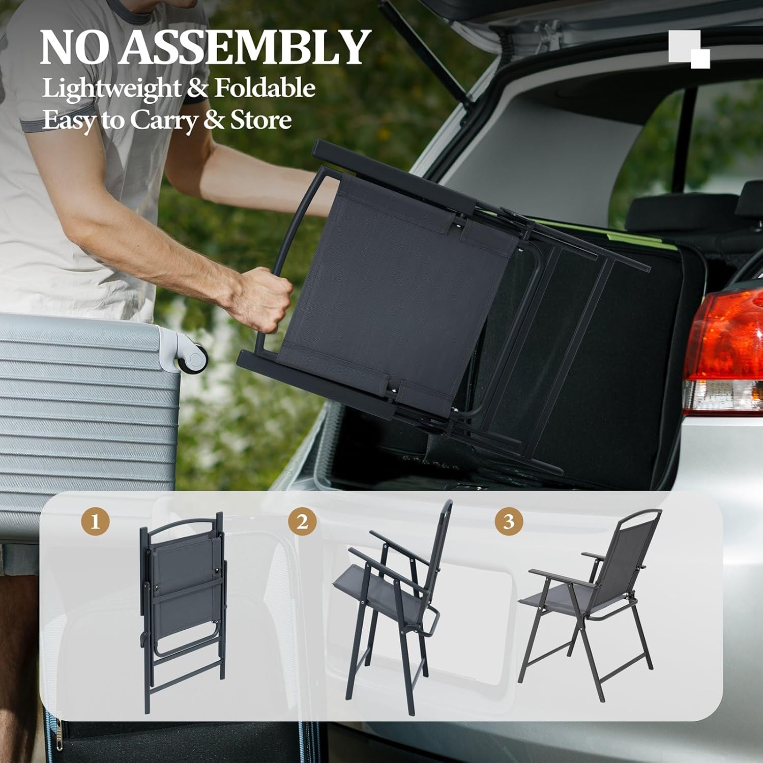 Crestlive Products 5 Piece Patio Dining Set with 4 Folding Chairs and Table Outdoor Dining Furniture with Square Glass Tabletop, Umbrella Hole for Bistro, Garden, Backyard, Deck(Grey)