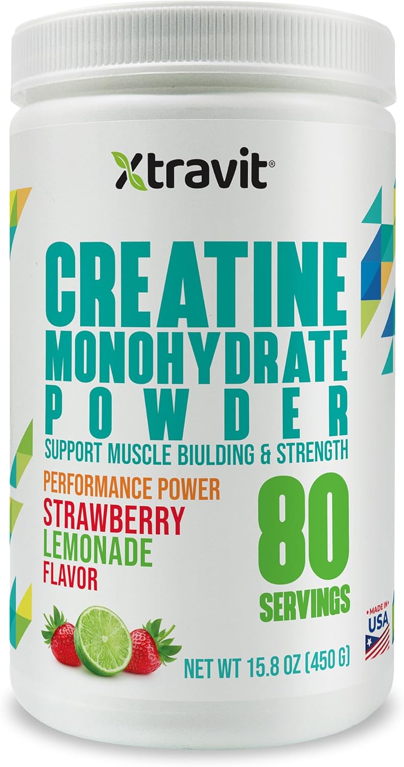 Creatine Monohydrate Powder Supplements – Strawberry Lemonade Flavored Drink Mix for Men & Women - Support Muscle Gains & Strength - Pure Filler & GMO Free Supplement, 5000mg, 15.8 oz