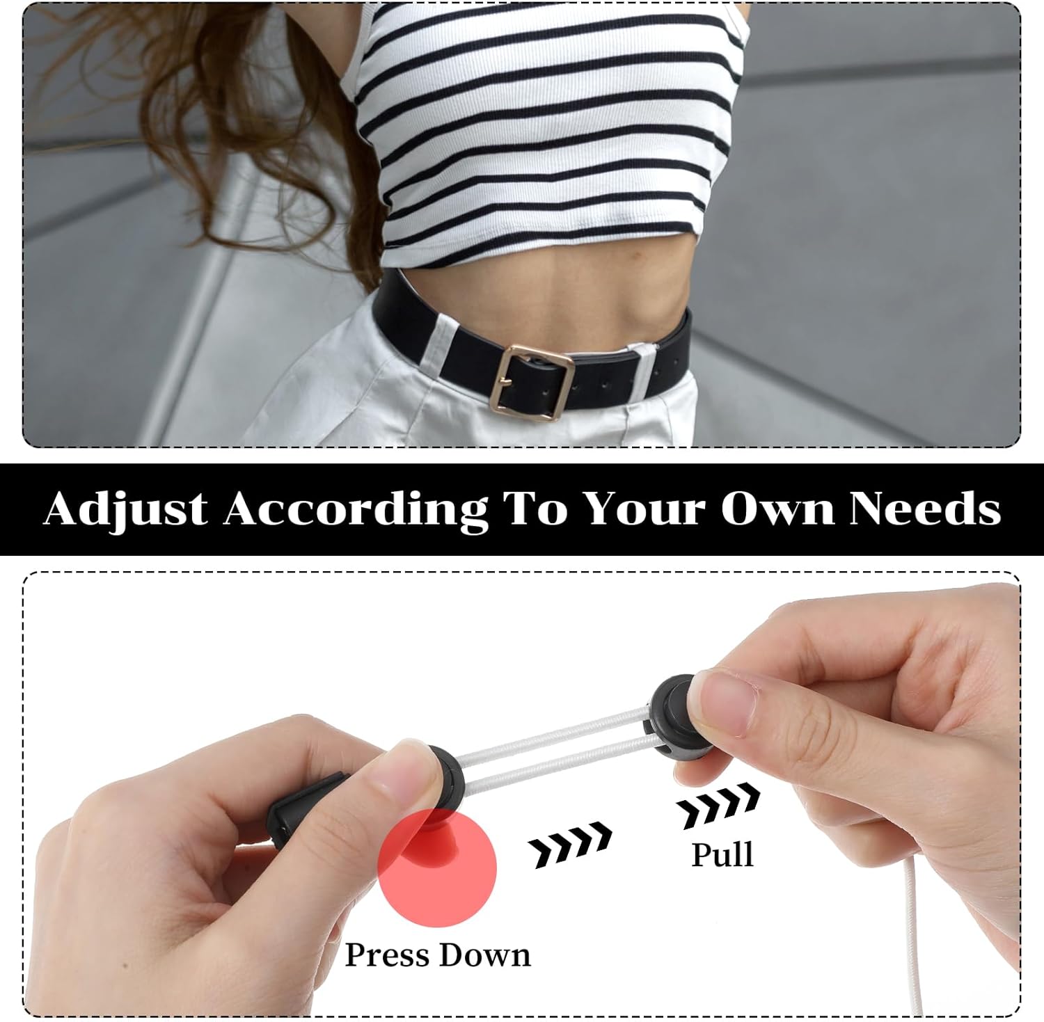 Ouligay 2 Pcs Crop Band Women, Adjustable Shirt Tuck Band Women, Tucking Sweaters Shirts Elastic Stretch Belts Tool for Girl Change Style of Clothes(Black White) - Image 4