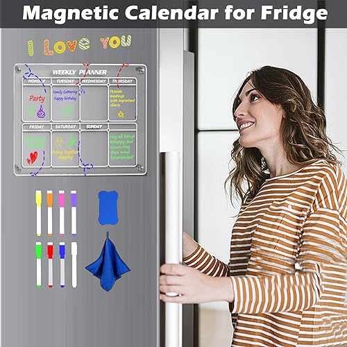 Miniatura 4 de Metureme Calendario magnético acrílico para nevera, paquete de 2 pizarras de borrado en seco transparente de 12 x 16 pulgadas, calendario mensual y