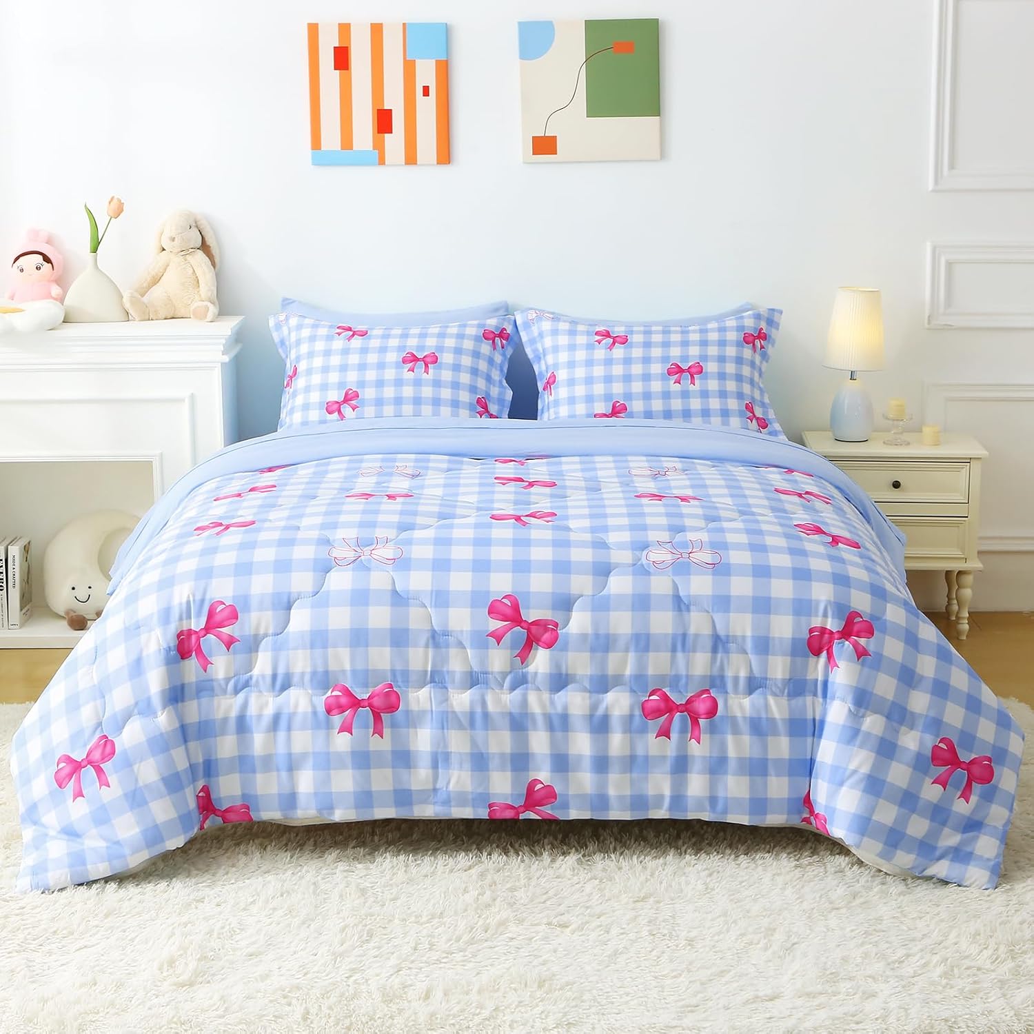 Wajade Bow Comforter Set 7 Piece Blue White Plaid Comforter Sets for Girls Kids Full Size Checkered Bedding Set with Sheet and 2 Pillowcases 2 Pillow Shams Cute Girls Bed in a Bag as Birthday Choice
