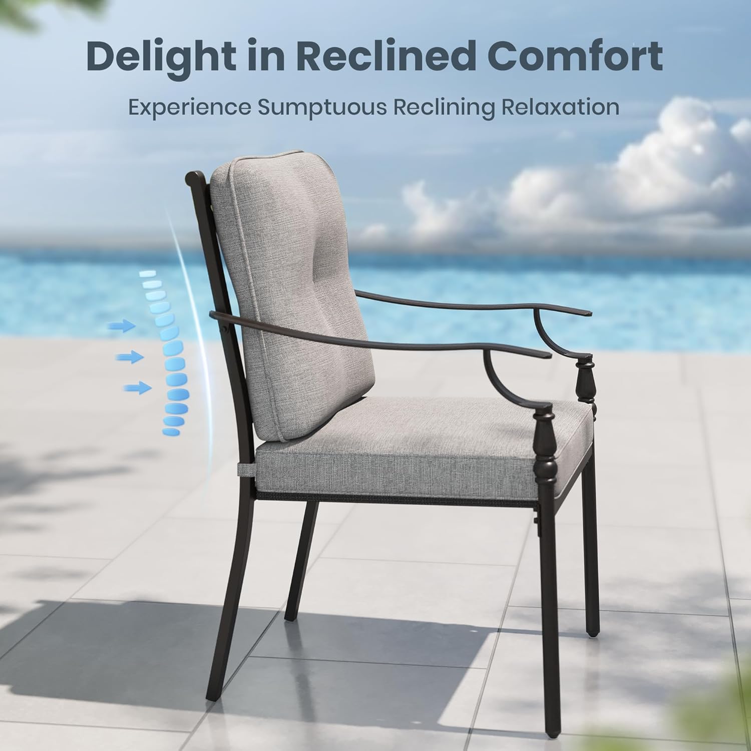 PHI VILLA 7 Pieces Outdoor Dining Set for 6, Rectangular Black Steel Dining Table with Fixed and Swivel Iron Chairs, Large Dining Furniture Set with Cushions for Patio, Deck, Porch, Backyard