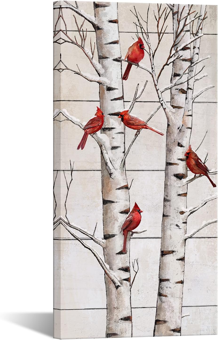 iknow foto winter snow red cardinal bird on birch tree landscape - rustic nature canvas wall art 20x40in vertical - modern decorative painting for living room, bedroom, office