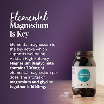 Viridian - High Potency Magnesium Bisglycinate - 60 Capsules – 200mg Per 2 Capsules – High Bioavailability Formula – Vegan Food Supplement with 100% Active Ingredients