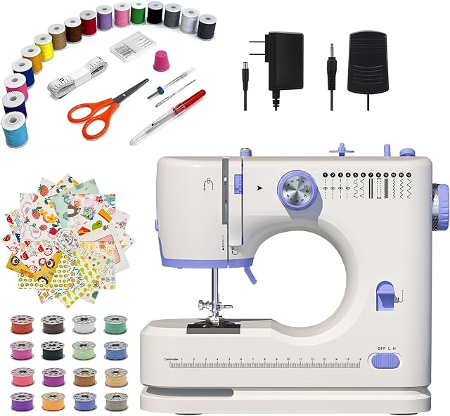 Stoigeld Machine à coudre pour débutants avec 20Pcs Tissu & 32Pcs Kit de fils à coudre, Machine à coudre portative avec 12 Emplacements intégrés & 2 Vitesse (vitesses basses)