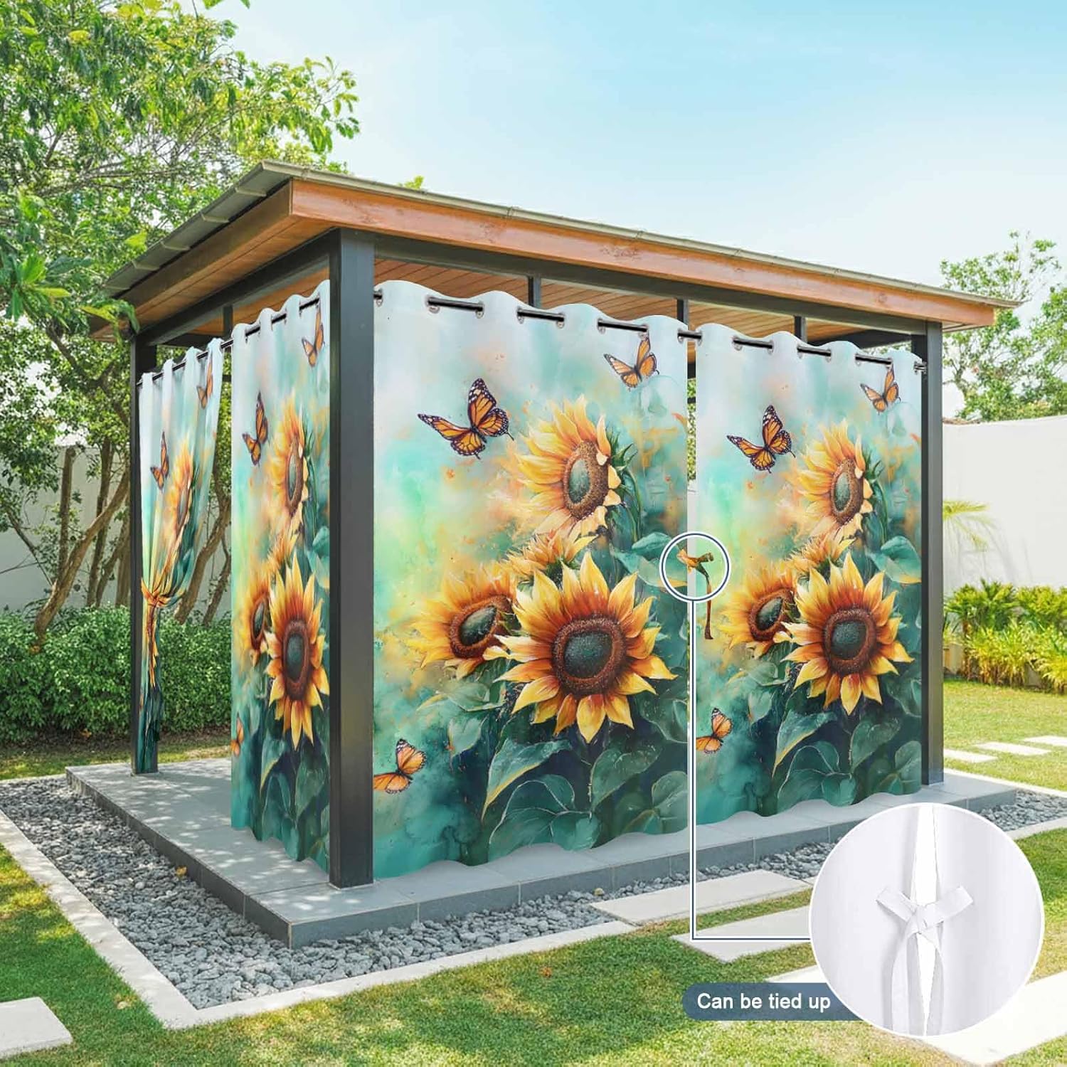 Watercolor Sunflower Outdoor Curtains for Patio Waterproof, Floral Butterfly Teal Green Leaf Outside Curtains Grommet Privacy Drape for Pergolas Porch Backyard 2 Panels, 54 x 108 inch