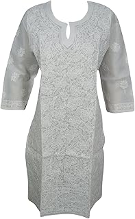 Mogul Interior Woman's Cotton Hand Embroidered Tunic Dress White Long Kurta S/M