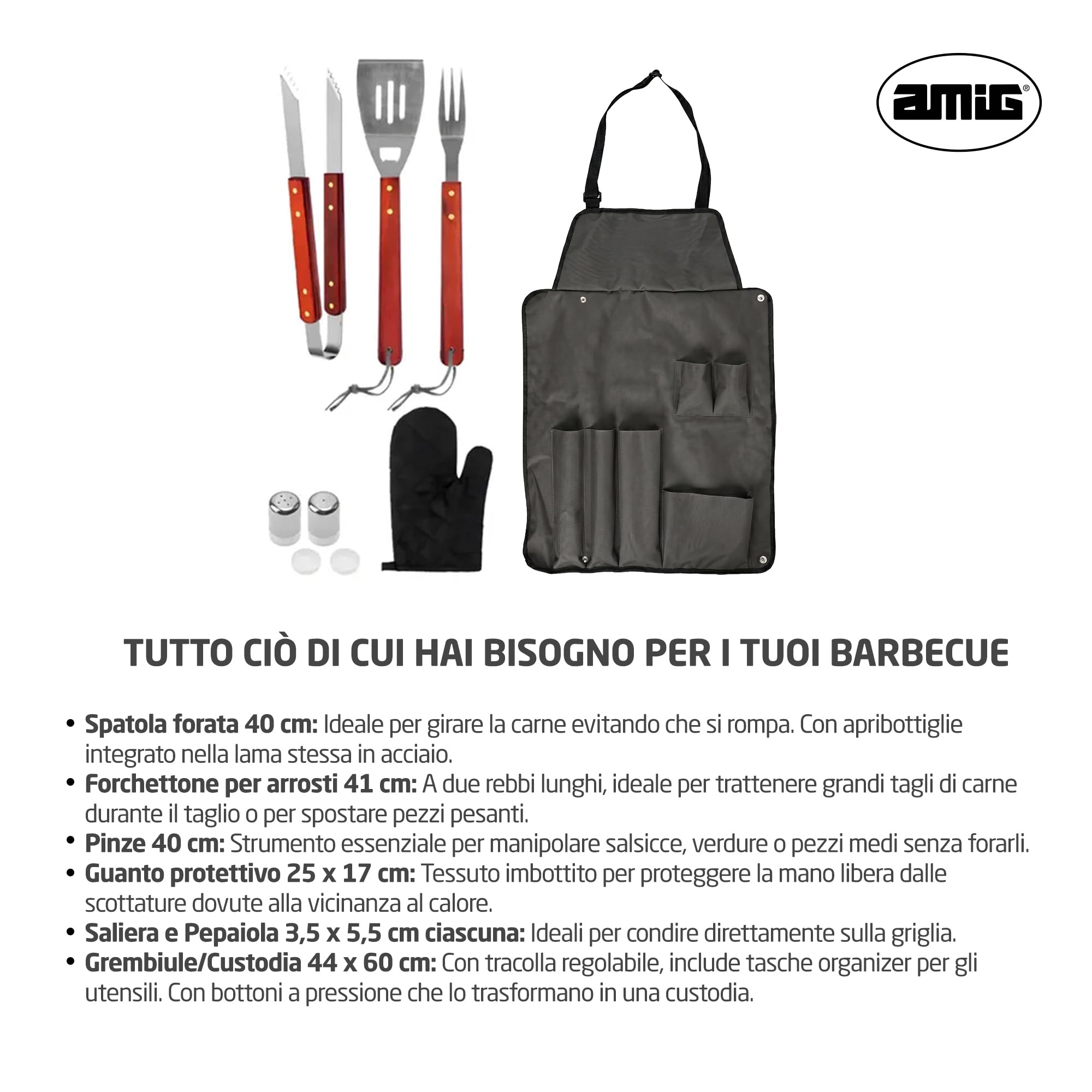Amig - Grembiule barbecue con 7 accessori - Acciaio inossidabile - Set utensili BBQ - Con tasche - Accessori pratici e presentazione curata per regalo - Mod. AM17