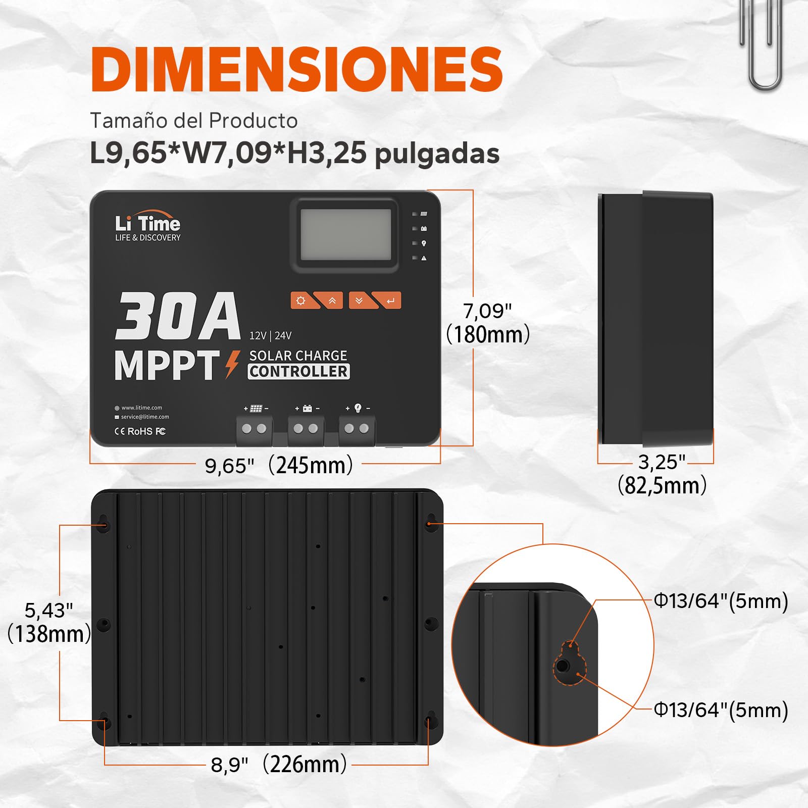 LiTime 30A Regulador Solar Mppt, Controlador de Carga Solar 12V/24V con Adaptador Bluetooth, Pantalla LCD e LED, Regulador de Carga Panel Solar para Baterías Litio Selladas Baterías de Plomo-ácido