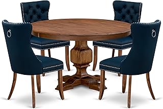 F3DA5-50N-29 5-Pc Dining Table Set Include a Round Dining Table and 4 Navy Blue Polyester Dining Chairs with Button-Tufted Back, Antique Walnut