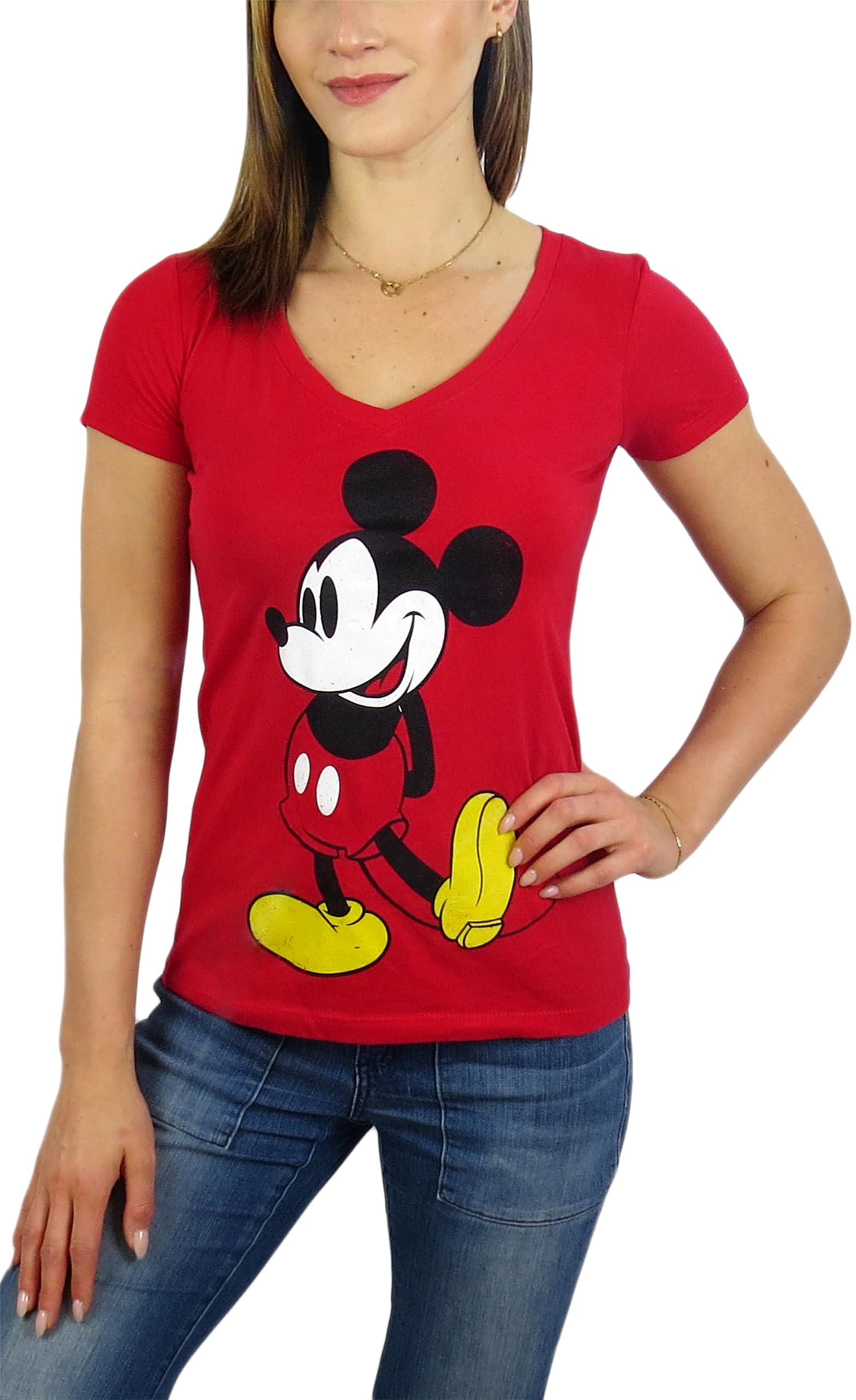 Disney Womens Mickey Mouse Stand V-Neck Tee (as1, Alpha, x_l, Regular, Regular, Red)