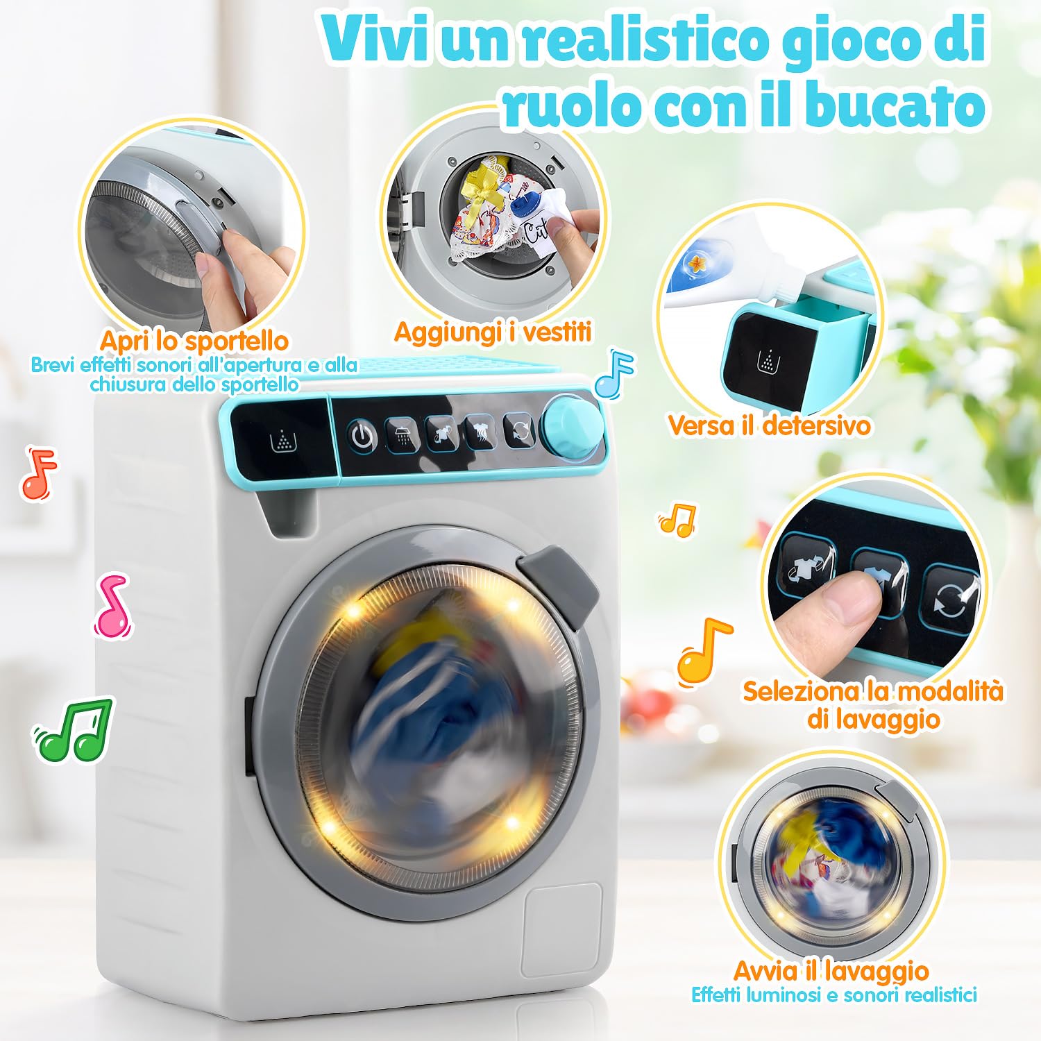 PLAY Lavatrice Giocattolo per Bambini, Elettronico Giocattolo Lavatrice con Suoni Realitici, Abbigliamento, Detersivo, Cesto Della Biancheria, Gioco di Lavanderia per Bambini da 3 Anni
