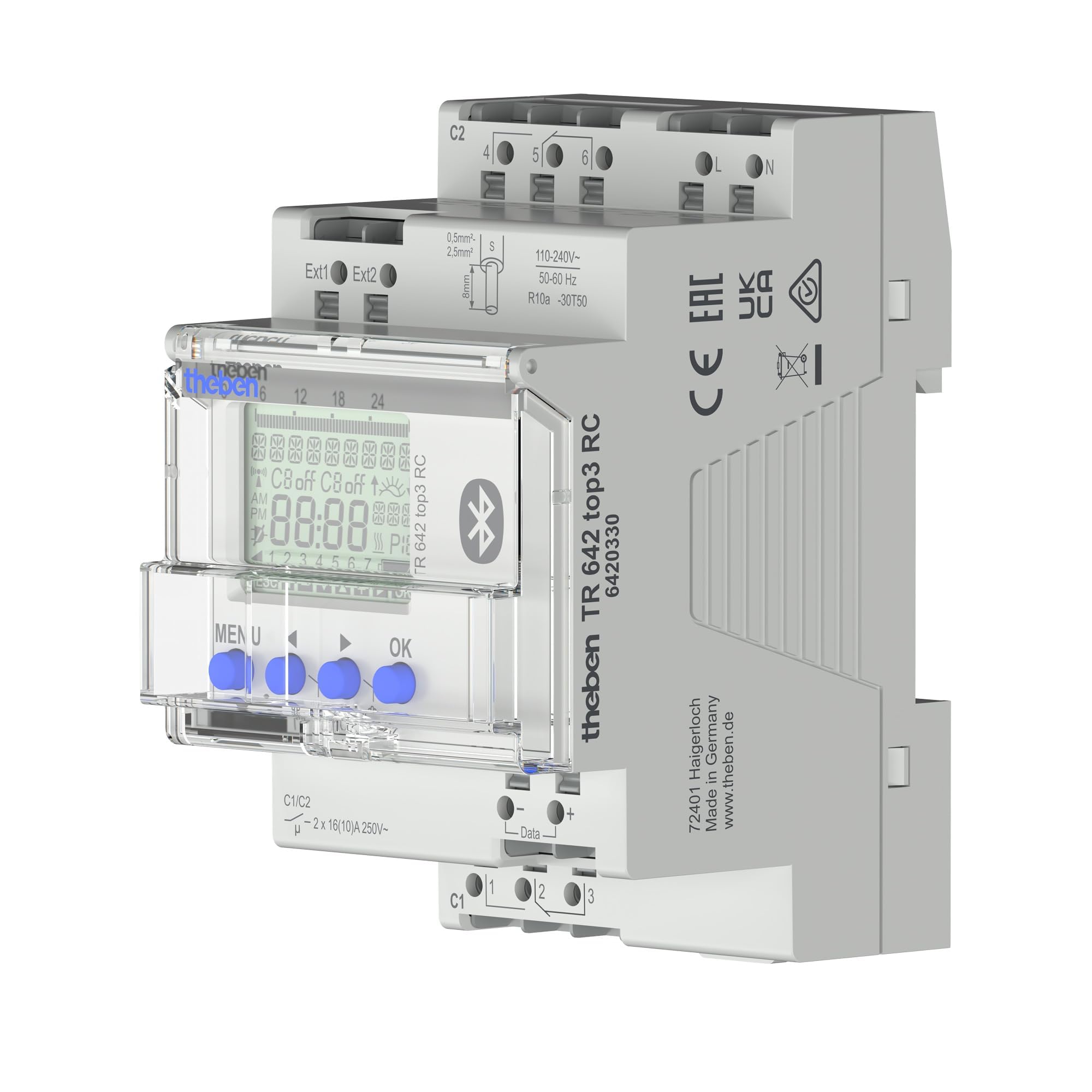 Theben 6420330 TR 642 top3 BLE RC interruptor horario anual 2 canales Astro | 600 W LED, 10 años reserva, +/-0,5 s/día o DCF/GNSS antena, 800 A/200 µs, 2 entradas ext., Bluetooth/App, 800 memorias