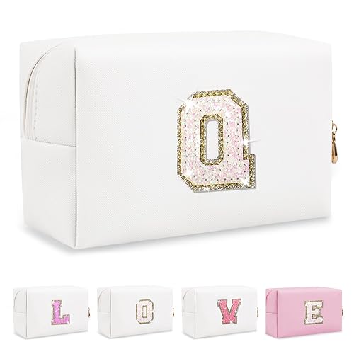 Miniatura 39 de Bolsa de maquillaje personalizada con inicial A-Z Preppy Patch, pequeña bolsa de cosméticos de PU con letra de chenilla y cierre para niñas Negro