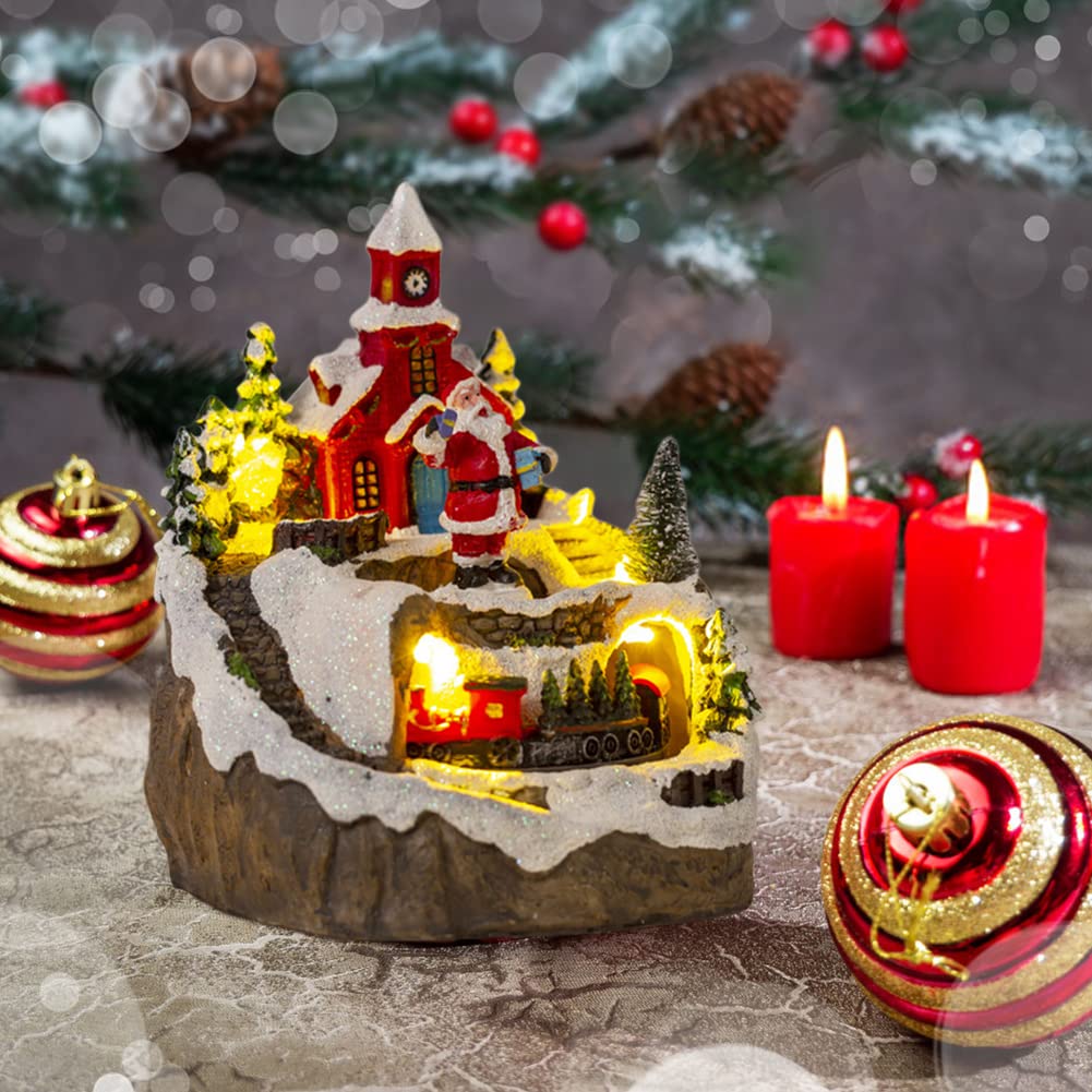 Uposao Decoración de Navidad LED Papá Noel muñeco de nieve resina con iluminación, música, casa de Navidad, miniatura, pueblo de Navidad, decoración con decoración de nieve, escena de Navidad, mesa