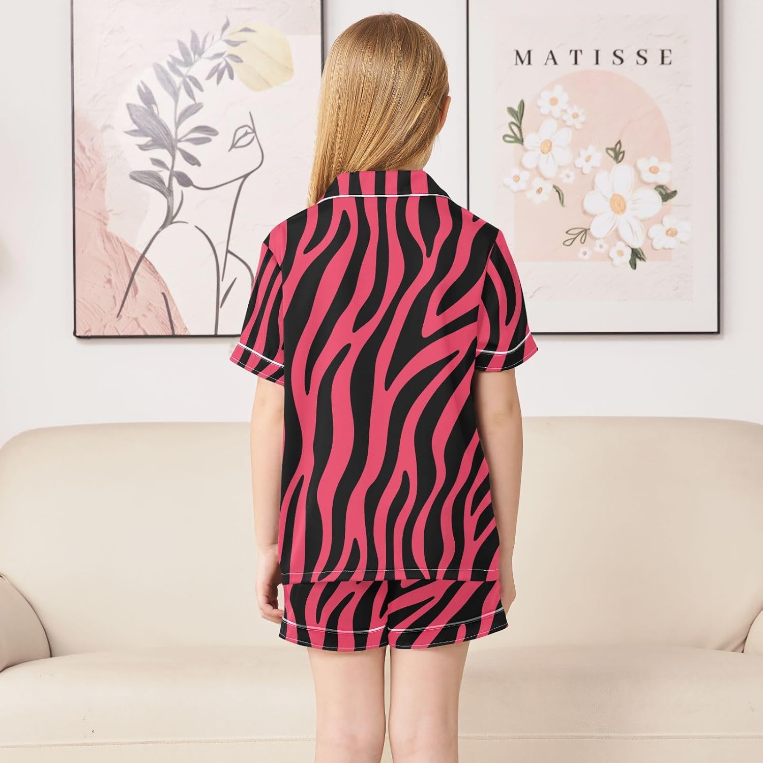 Kids Satin Wear Set Pink Zebra Print Pattern Relaxed Fit Clothing Short Sleeve and Shorts