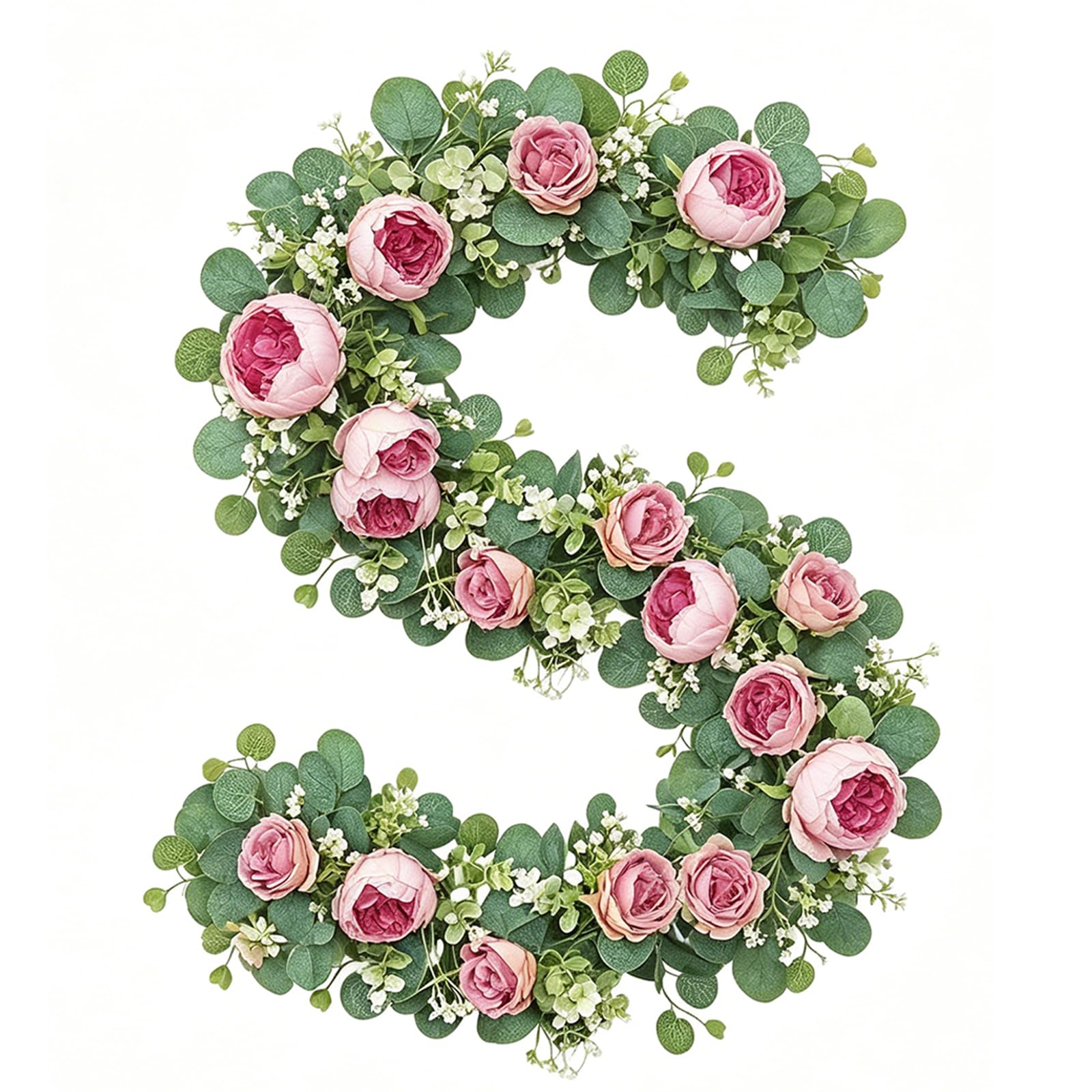 Artificial Eucalyptus Flower Garland, 2 PCS 6FT Fake Rose Flower Hanging Vine with Seeded Eucalyptus Leaves for Home Wedding Table Party Decor (Pink Purple)